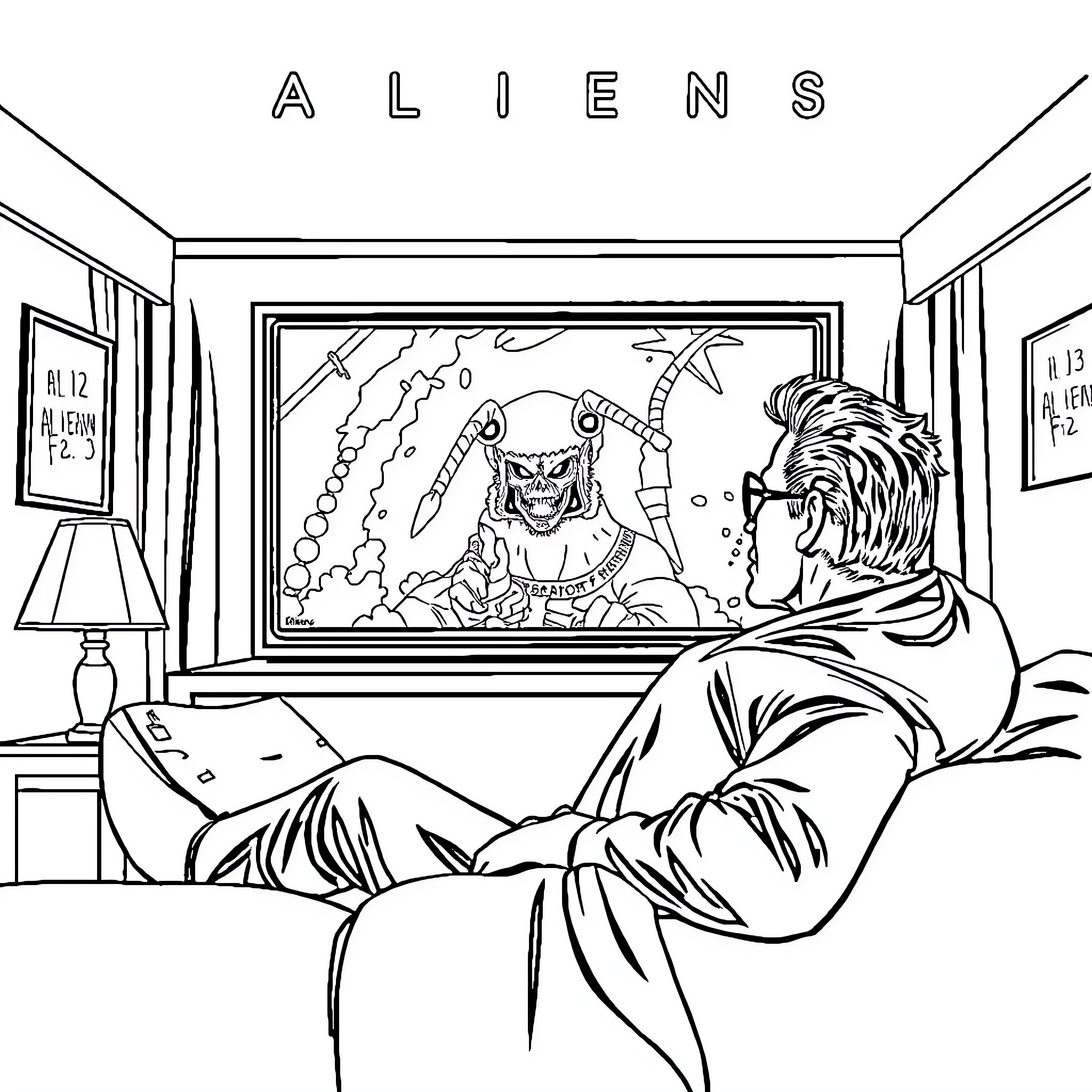 Michael Biehn viewing Aliens movie poster in bedroom Coloring Page (free black-and-white line drawing printable PDF for all, from beginners to advanced learners, including children, teens, adults, and seniors)