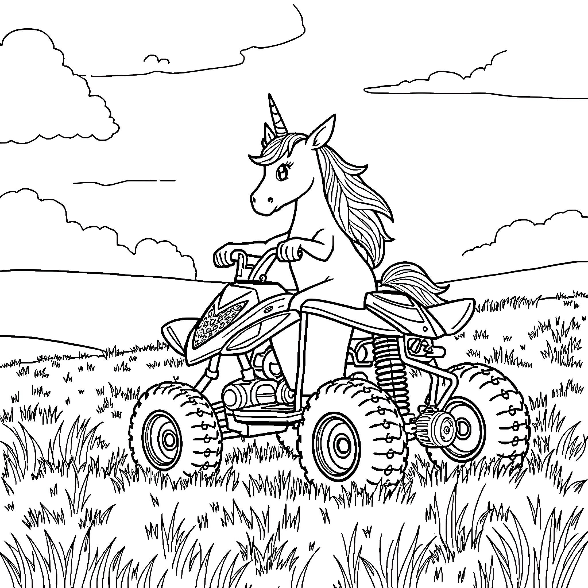 Unicorn riding an all-terrain vehicle through the field Coloring Page (free black-and-white line drawing printable PDF for all, from beginners to advanced learners, including children, teens, adults, and seniors)