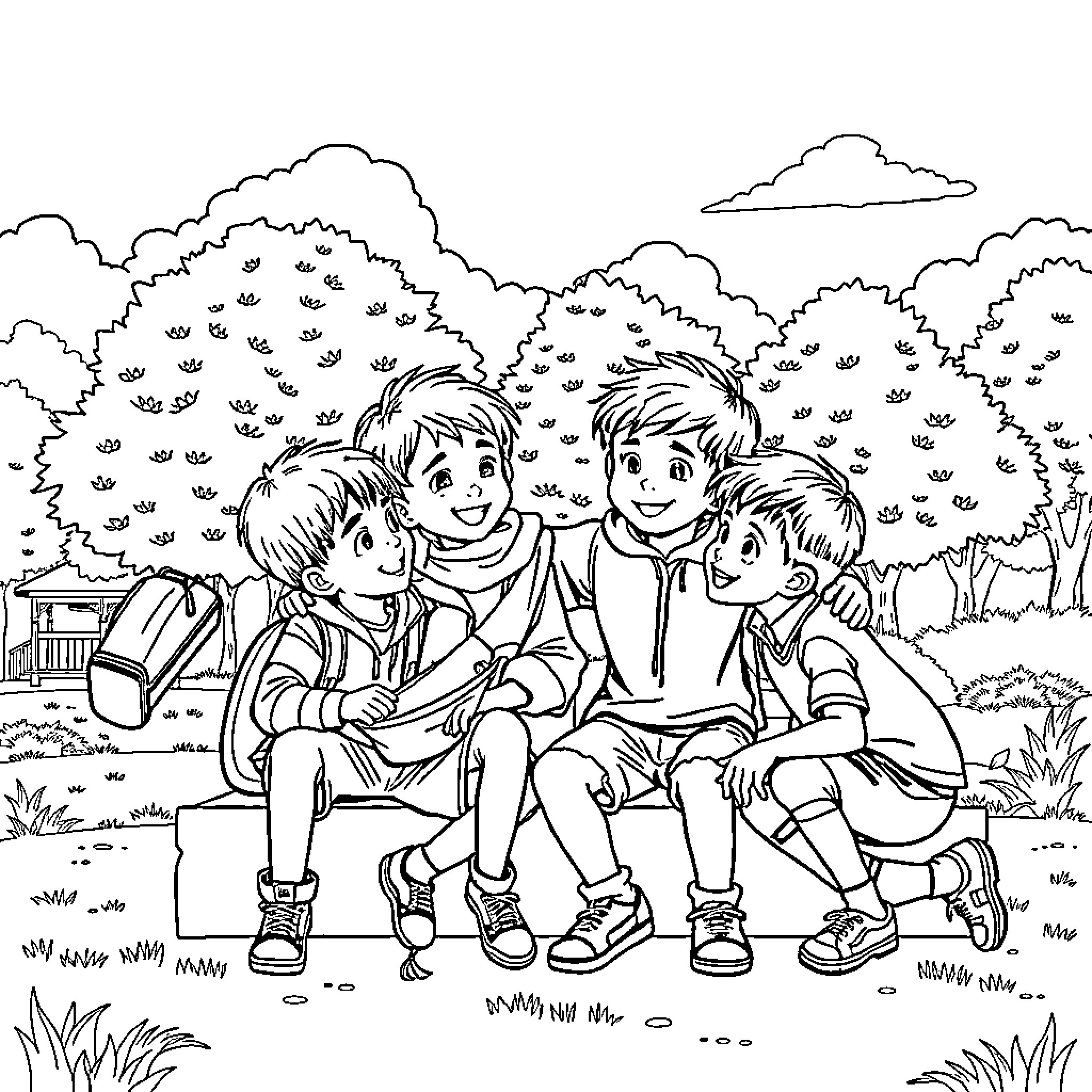 Saja Boy Enjoying Nature with Friends Coloring Page (free black-and-white line drawing printable PDF for all, from beginners to advanced learners, including children, teens, adults, and seniors)