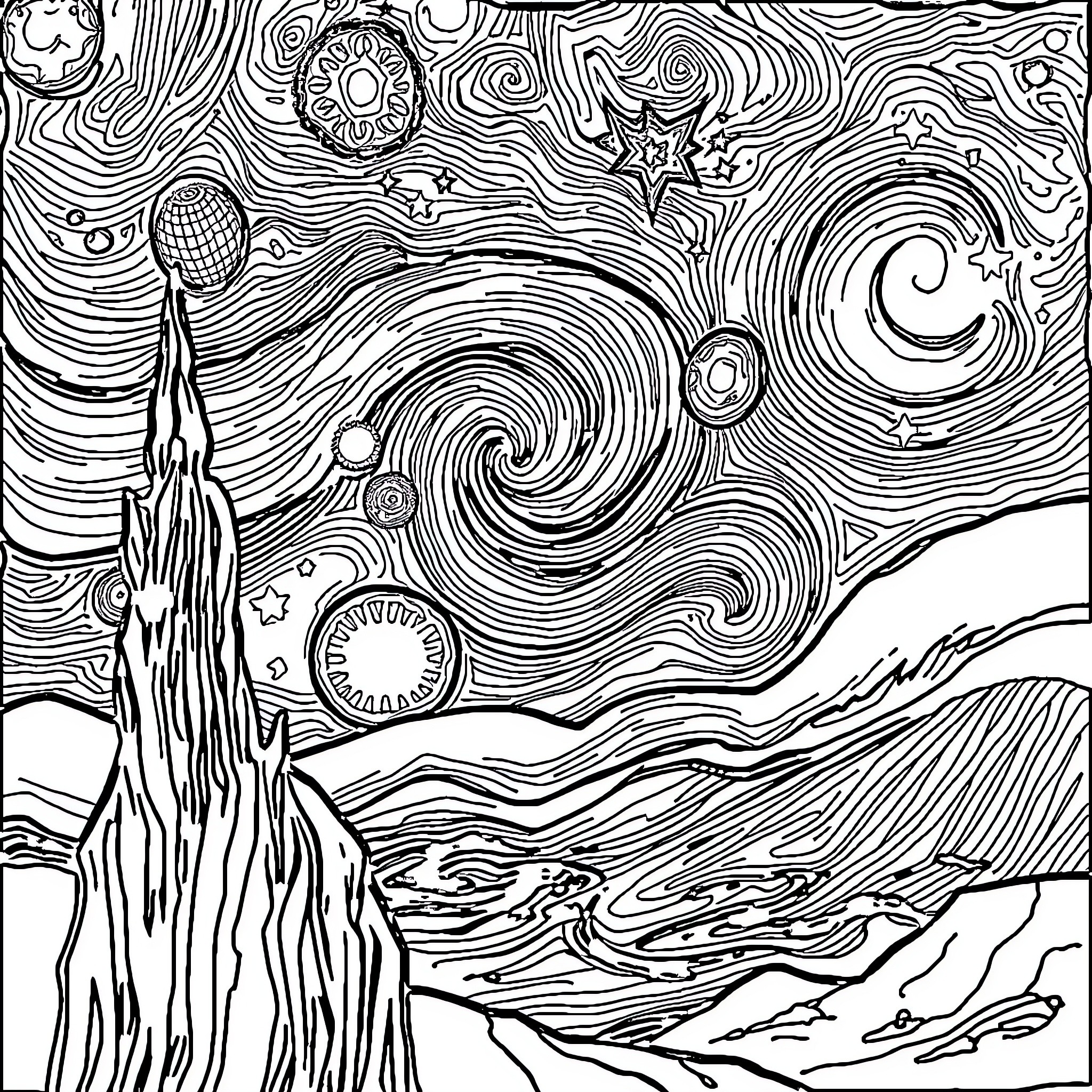 Star-filled Cosmic Swirls and Celestial Formations Coloring Page (free black-and-white line drawing printable PDF for all, from beginners to advanced learners, including children, teens, adults, and seniors)
