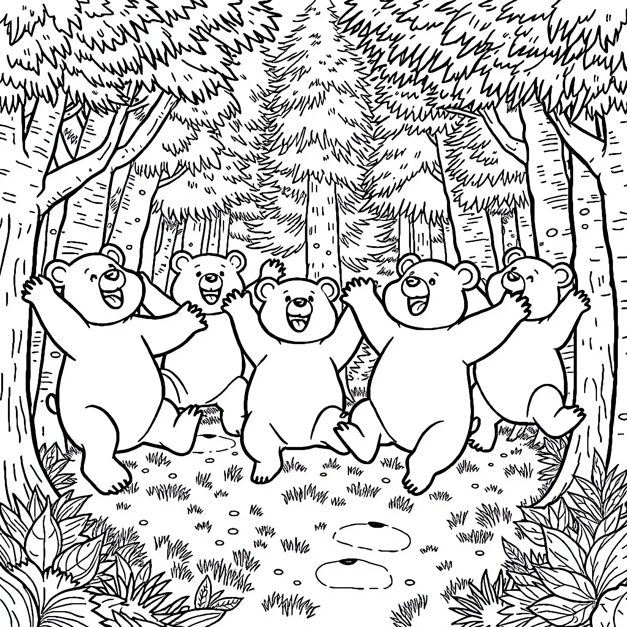 Bears dancing joyfully in the forest Coloring Page (free black-and-white line drawing printable PDF for all, from beginners to advanced learners, including children, teens, adults, and seniors)
