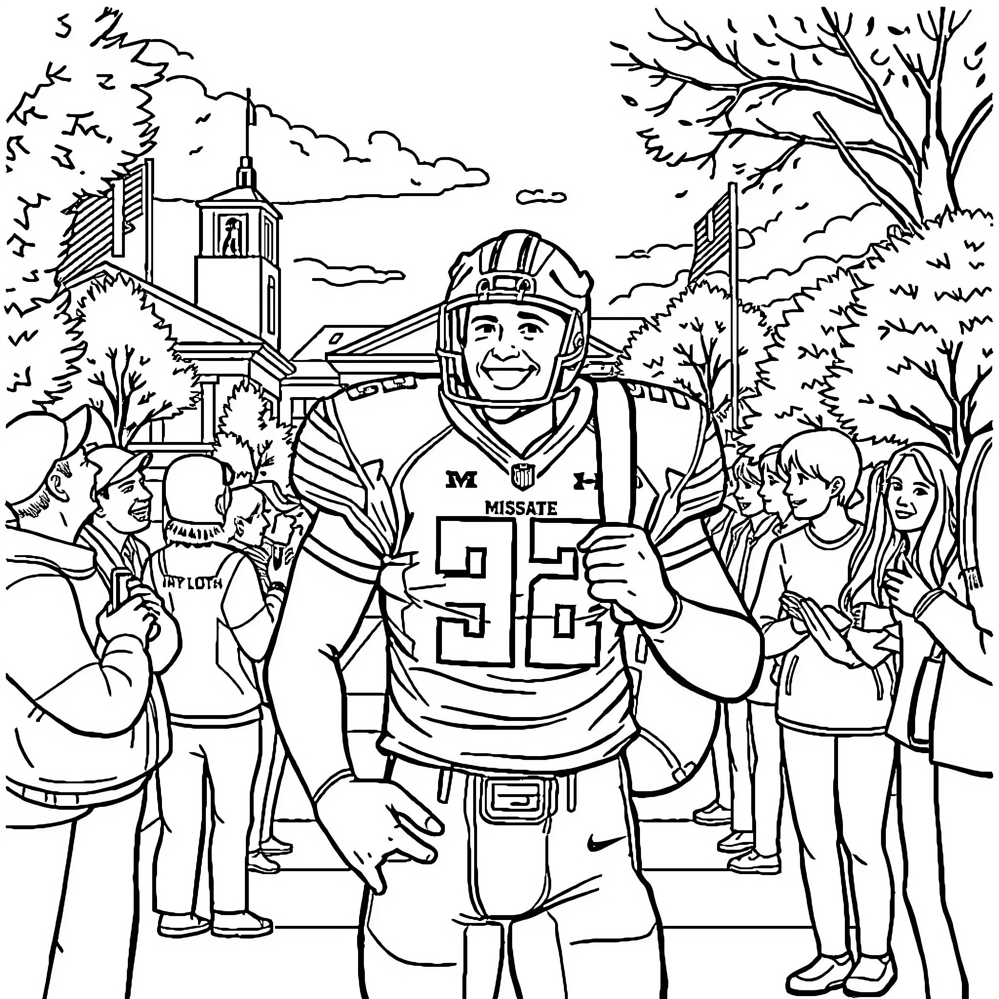 Football Player Celebrating Victory with Teammates Coloring Page (free black-and-white line drawing printable PDF for all, from beginners to advanced learners, including children, teens, adults, and seniors)