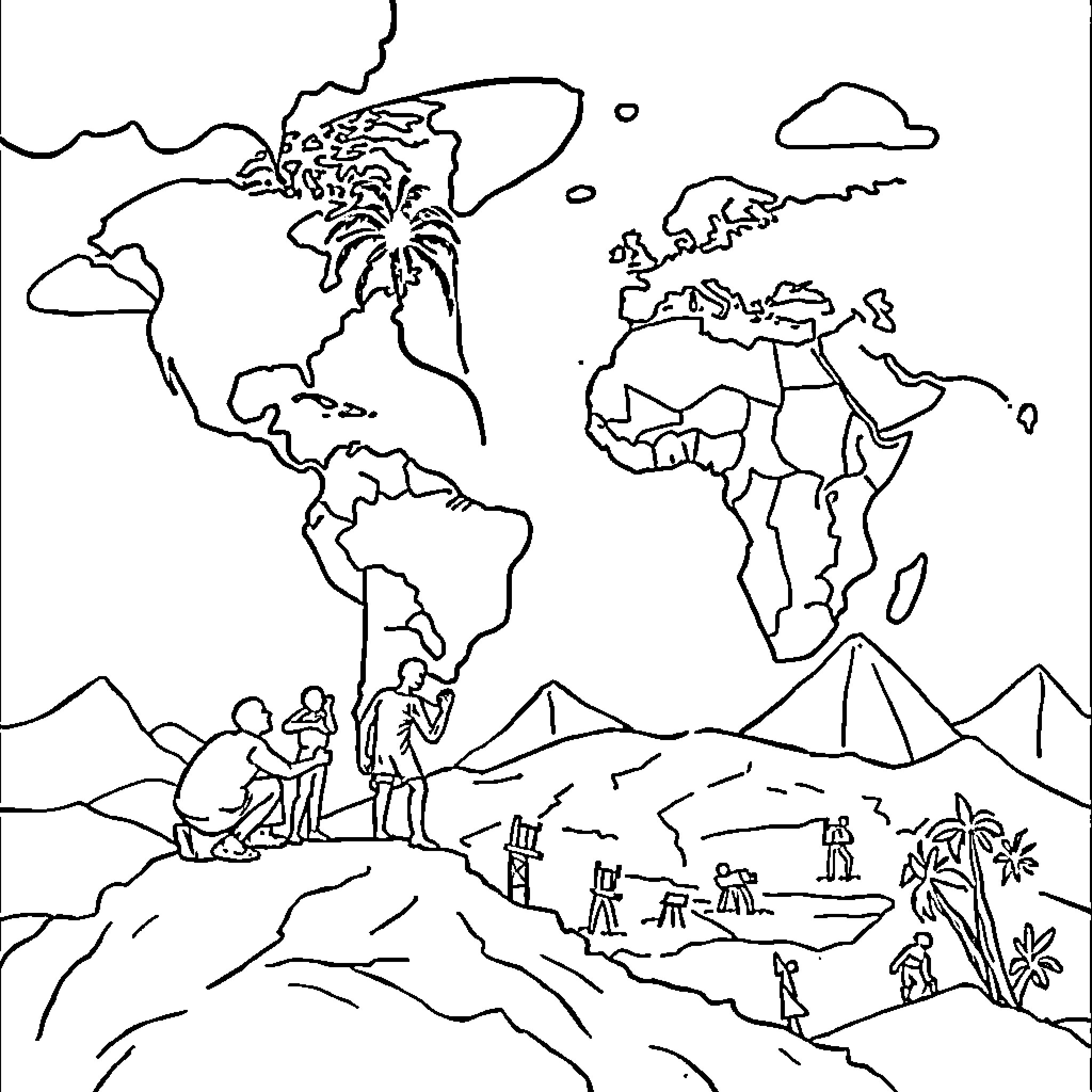 Neocolonialism: Figures in Unfamiliar Landscapes Coloring Page (free black-and-white line drawing printable PDF for all, from beginners to advanced learners, including children, teens, adults, and seniors)
