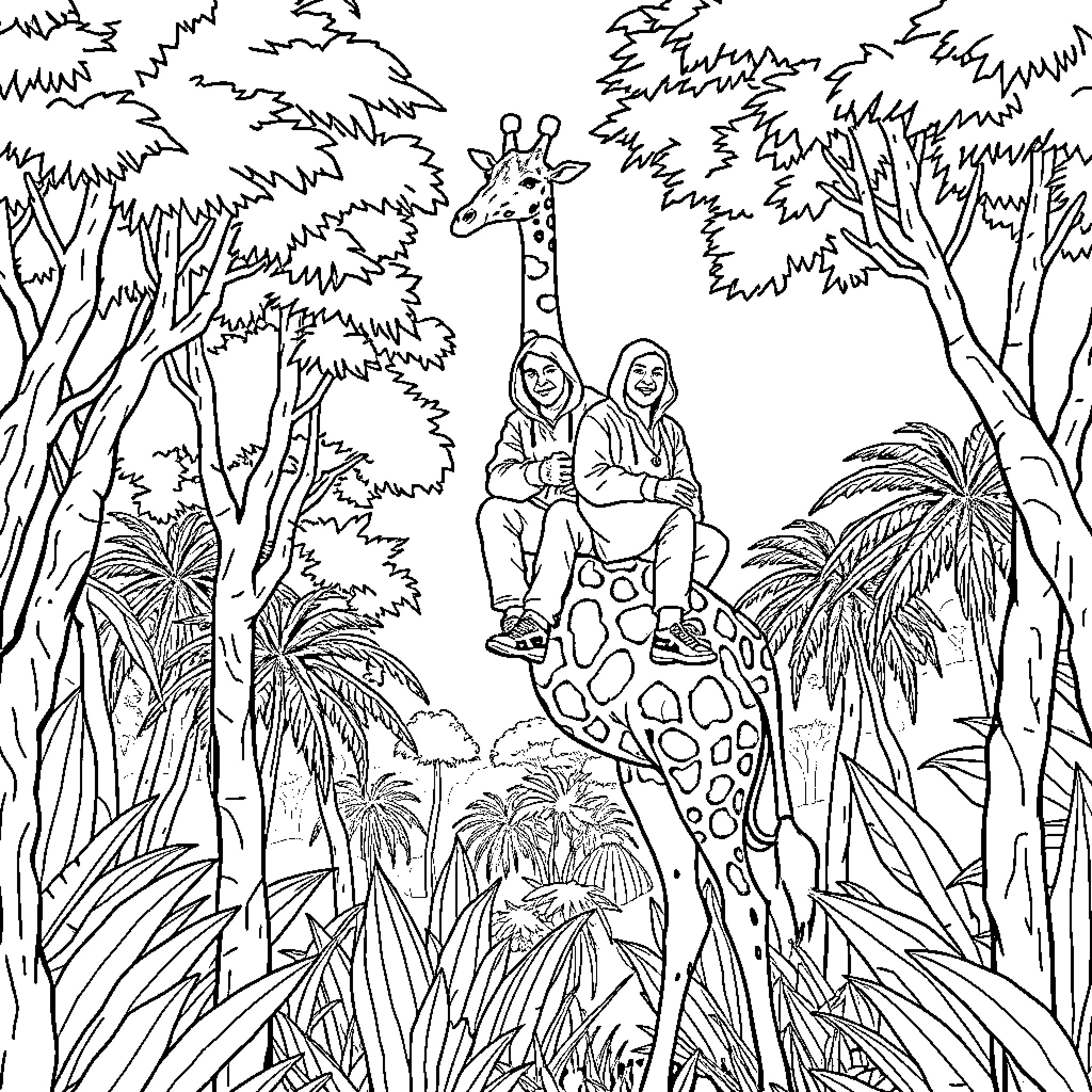 Wutang Clan exploring a lush, vibrant jungle landscape Coloring Page (free black-and-white line drawing printable PDF for all, from beginners to advanced learners, including children, teens, adults, and seniors)
