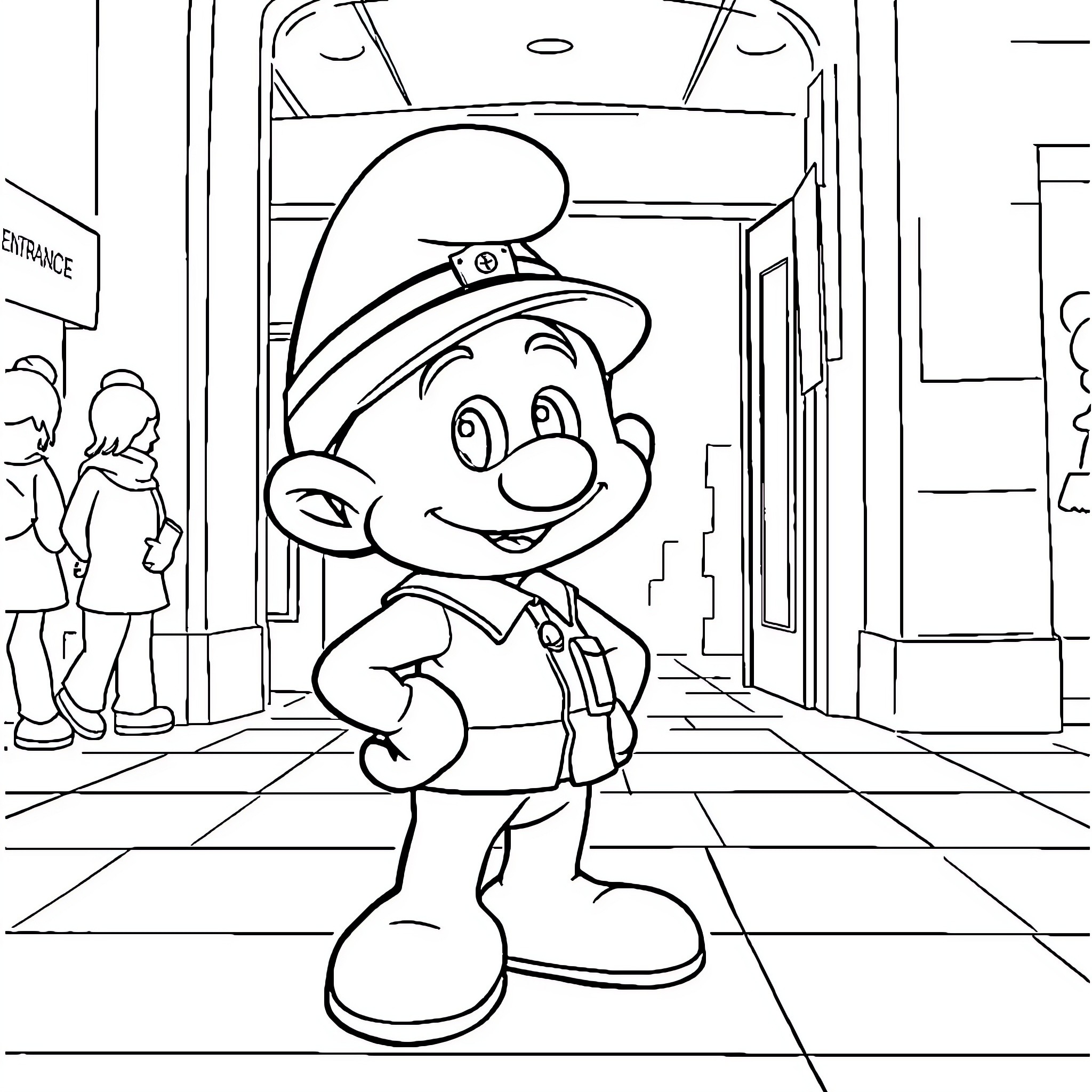 Smurf Happily Walks Through City Streets Coloring Page (free black-and-white line drawing printable PDF for all, from beginners to advanced learners, including children, teens, adults, and seniors)