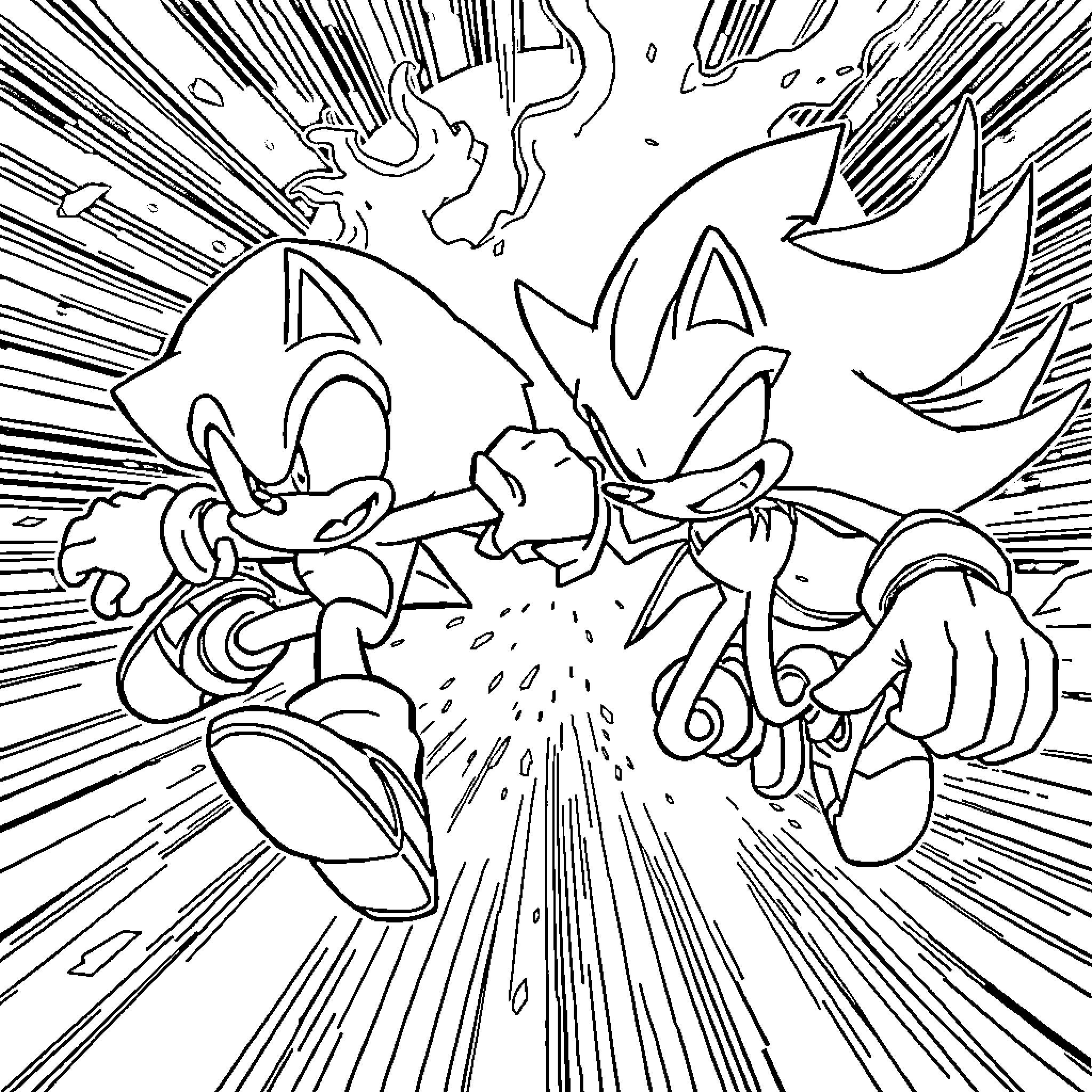 Sonic heroes in intense battle action Coloring Page (free black-and-white line drawing printable PDF for all, from beginners to advanced learners, including children, teens, adults, and seniors)