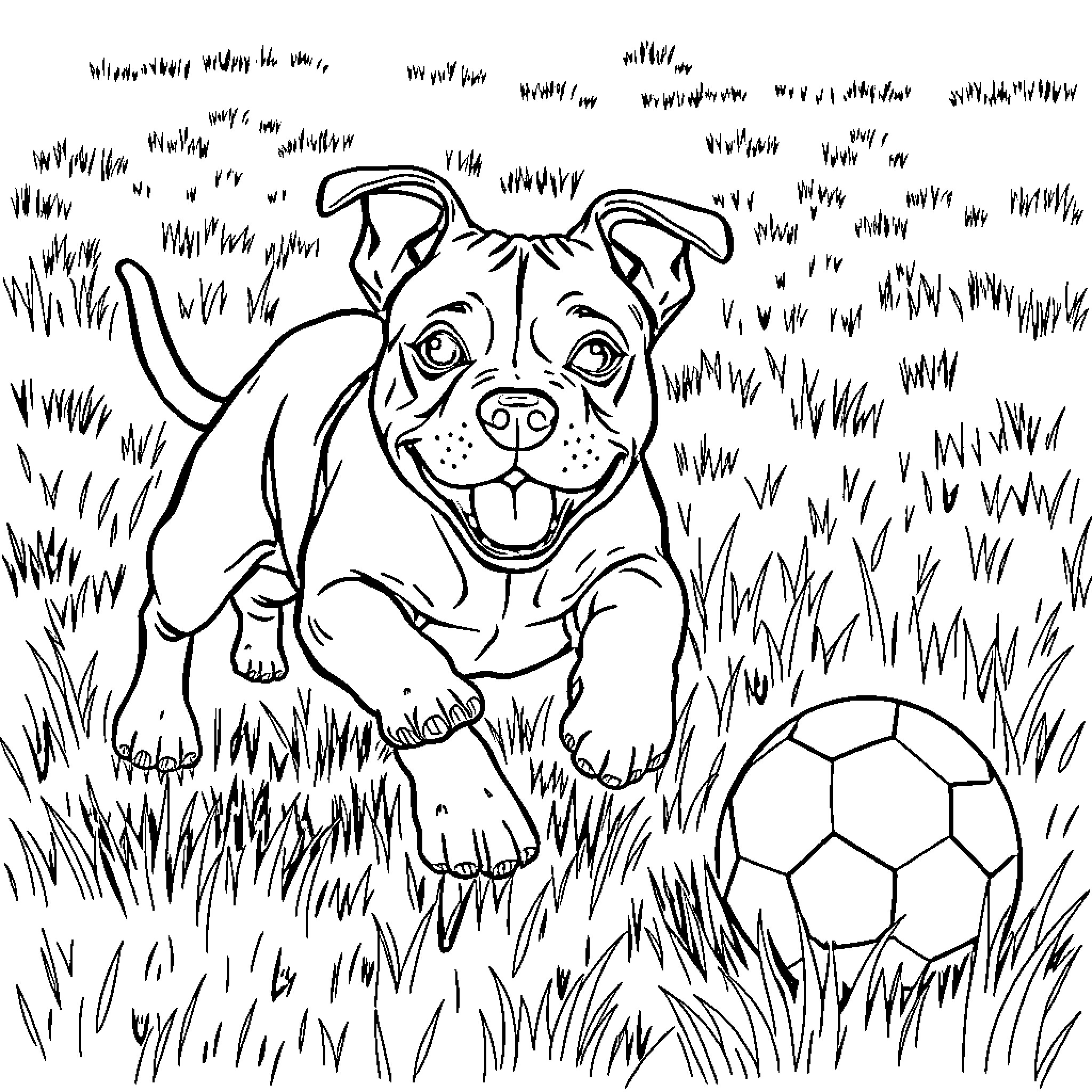 Pitbull happily playing with soccer ball in grassy field Coloring Page (free black-and-white line drawing printable PDF for all, from beginners to advanced learners, including children, teens, adults, and seniors)