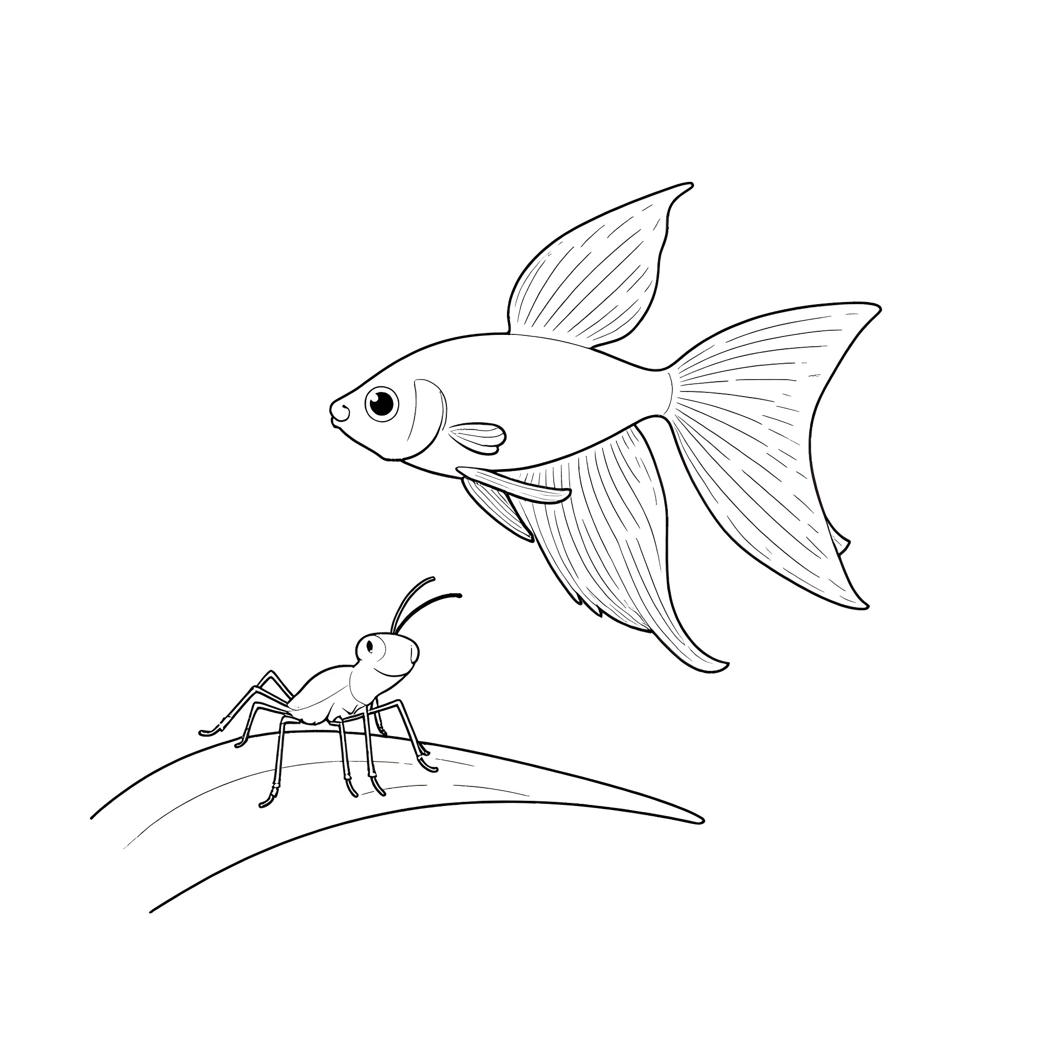 Betta Fish and Shrimp Exploring Coloring Page (free black-and-white line drawing printable PDF for all, from beginners to advanced learners, including children, teens, adults, and seniors)