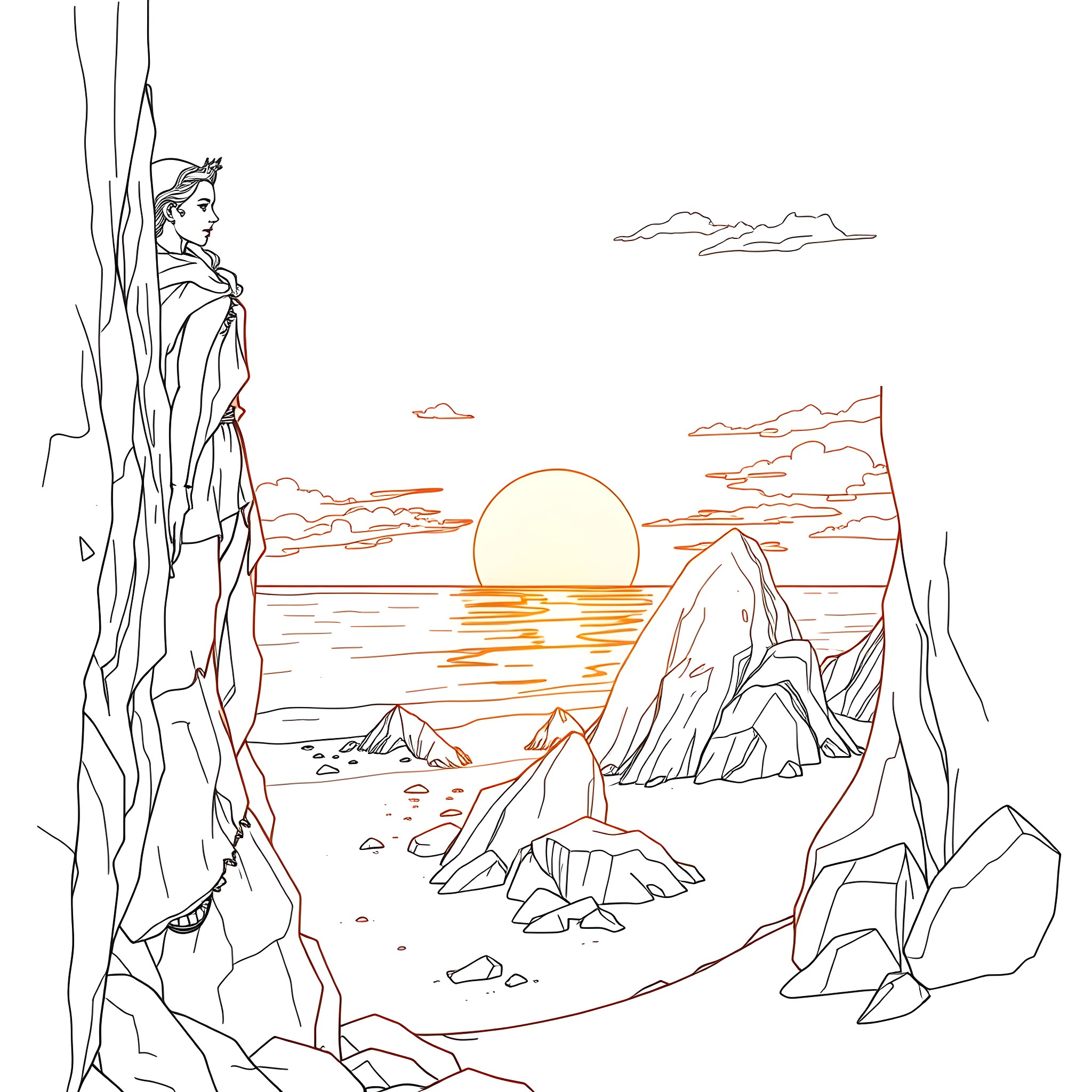 Princess gazes upon a serene sunset landscape Coloring Page (free black-and-white line drawing printable PDF for all, from beginners to advanced learners, including children, teens, adults, and seniors)