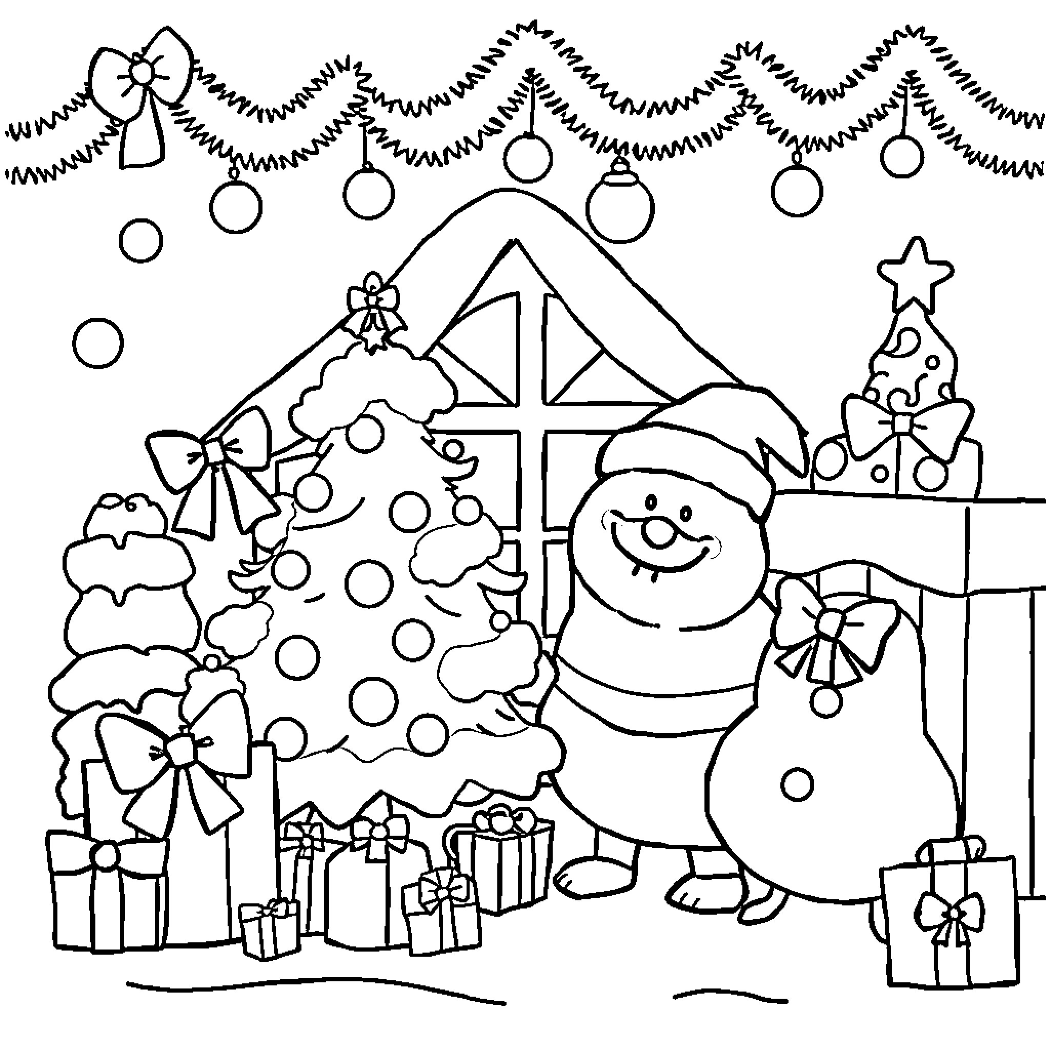Christmas Decorations and Festive Characters Coloring Page (free black-and-white line drawing printable PDF for all, from beginners to advanced learners, including children, teens, adults, and seniors)