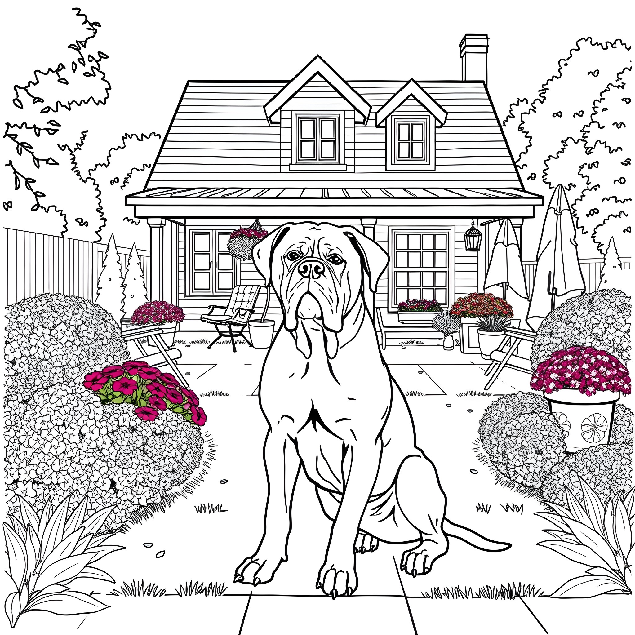 Bullmastiff guarding a cozy country house Coloring Page (free black-and-white line drawing printable PDF for all, from beginners to advanced learners, including children, teens, adults, and seniors)