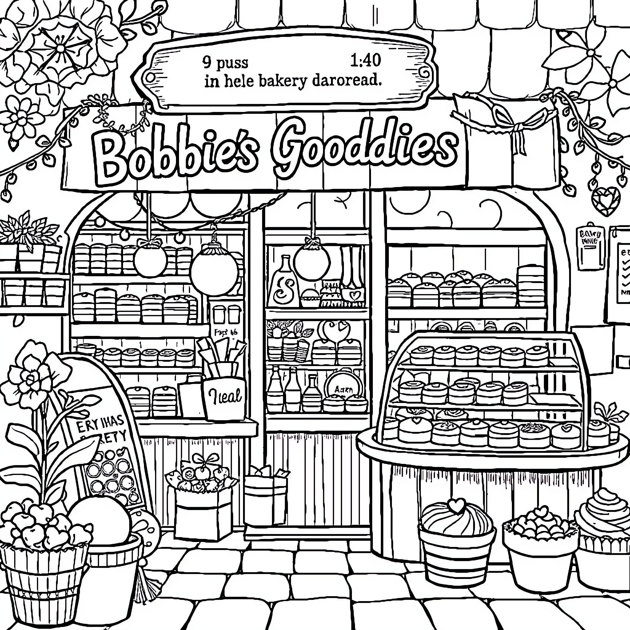 Bobbles' Goodies: A Delightful Bakery Storefront Coloring Page (free black-and-white line drawing printable PDF for all, from beginners to advanced learners, including children, teens, adults, and seniors)