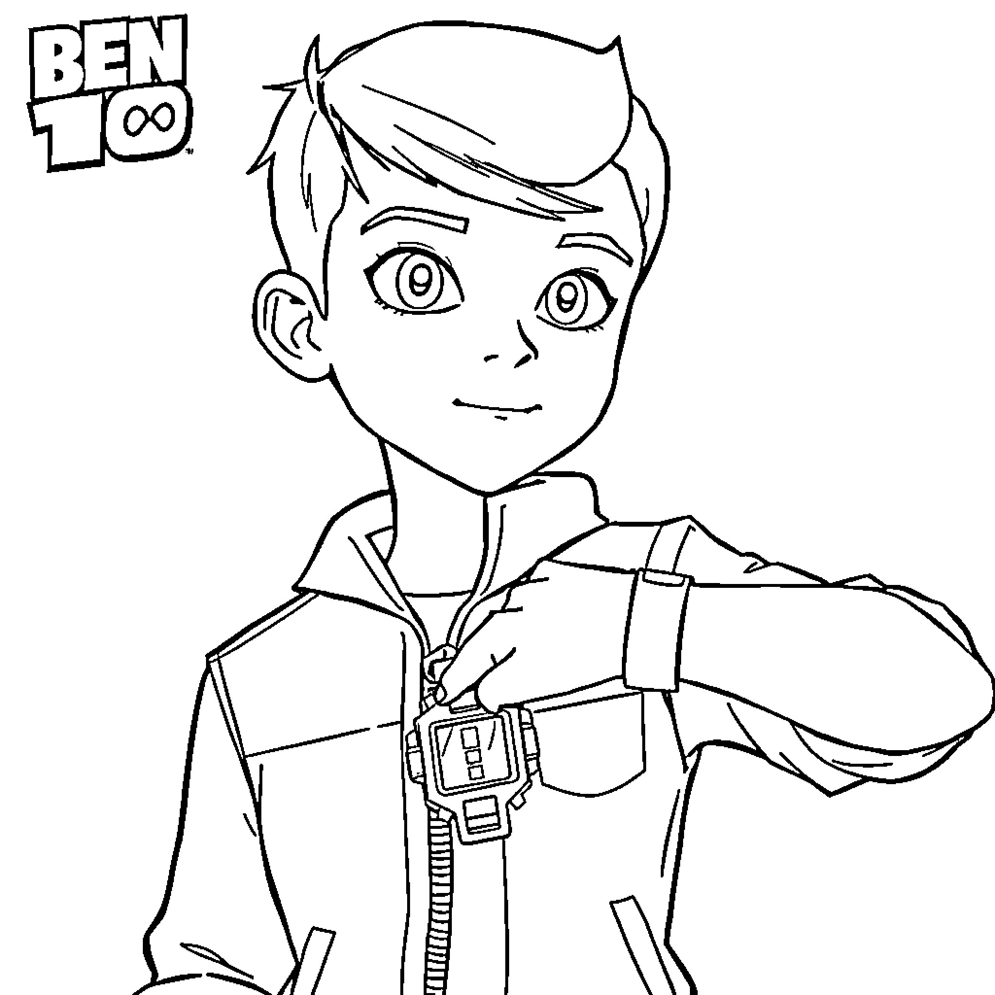Ben 10 heroically poses with confident expression Coloring Page (free black-and-white line drawing printable PDF for all, from beginners to advanced learners, including children, teens, adults, and seniors)