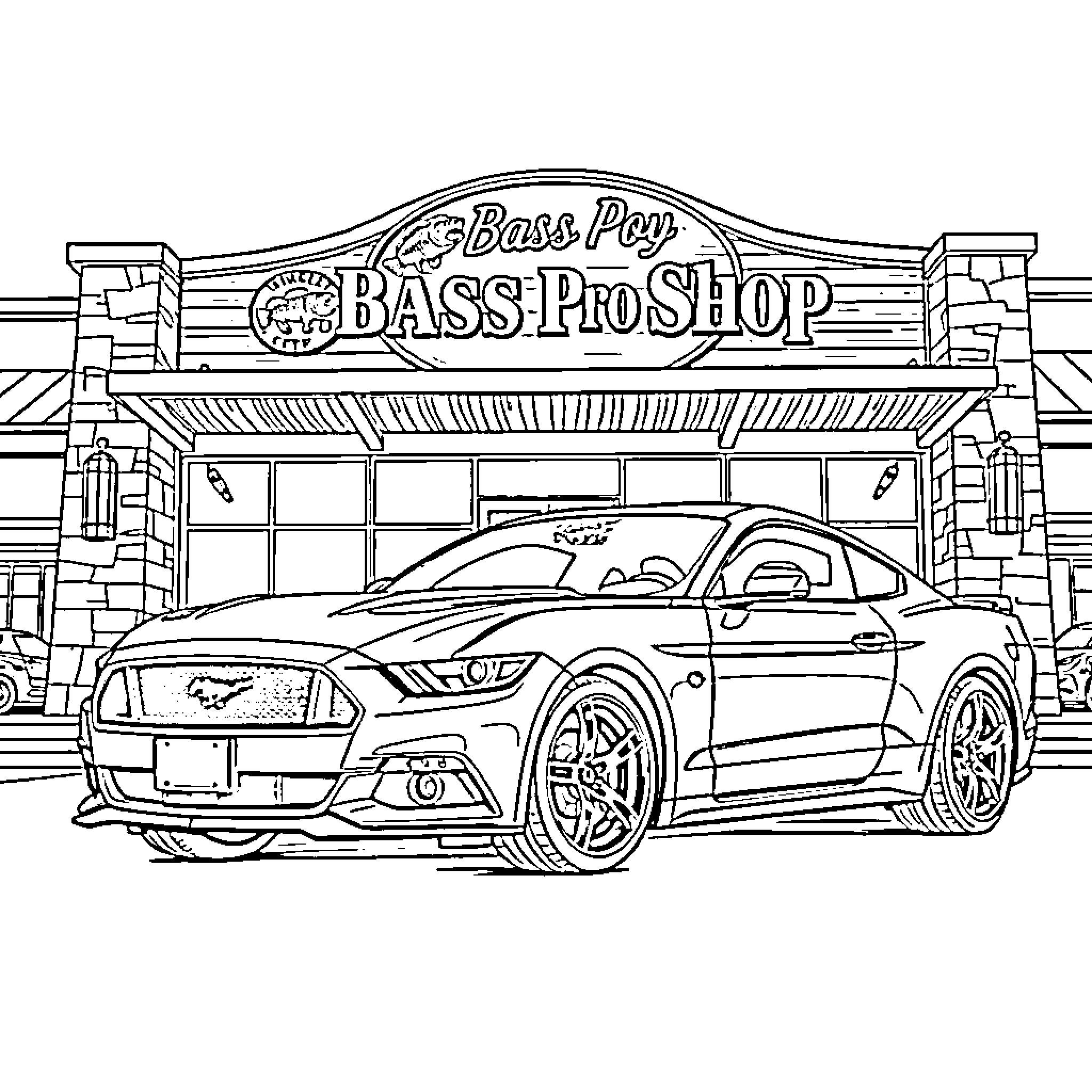 Mustang sports car parked outside Bass Pro Shop Coloring Page (free black-and-white line drawing printable PDF for all, from beginners to advanced learners, including children, teens, adults, and seniors)