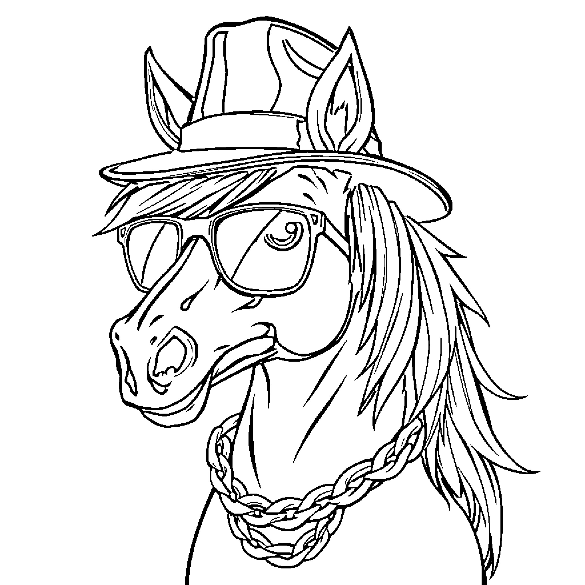 Pony wearing a stylish hat with braided mane Coloring Page (free black-and-white line drawing printable PDF for all, from beginners to advanced learners, including children, teens, adults, and seniors)