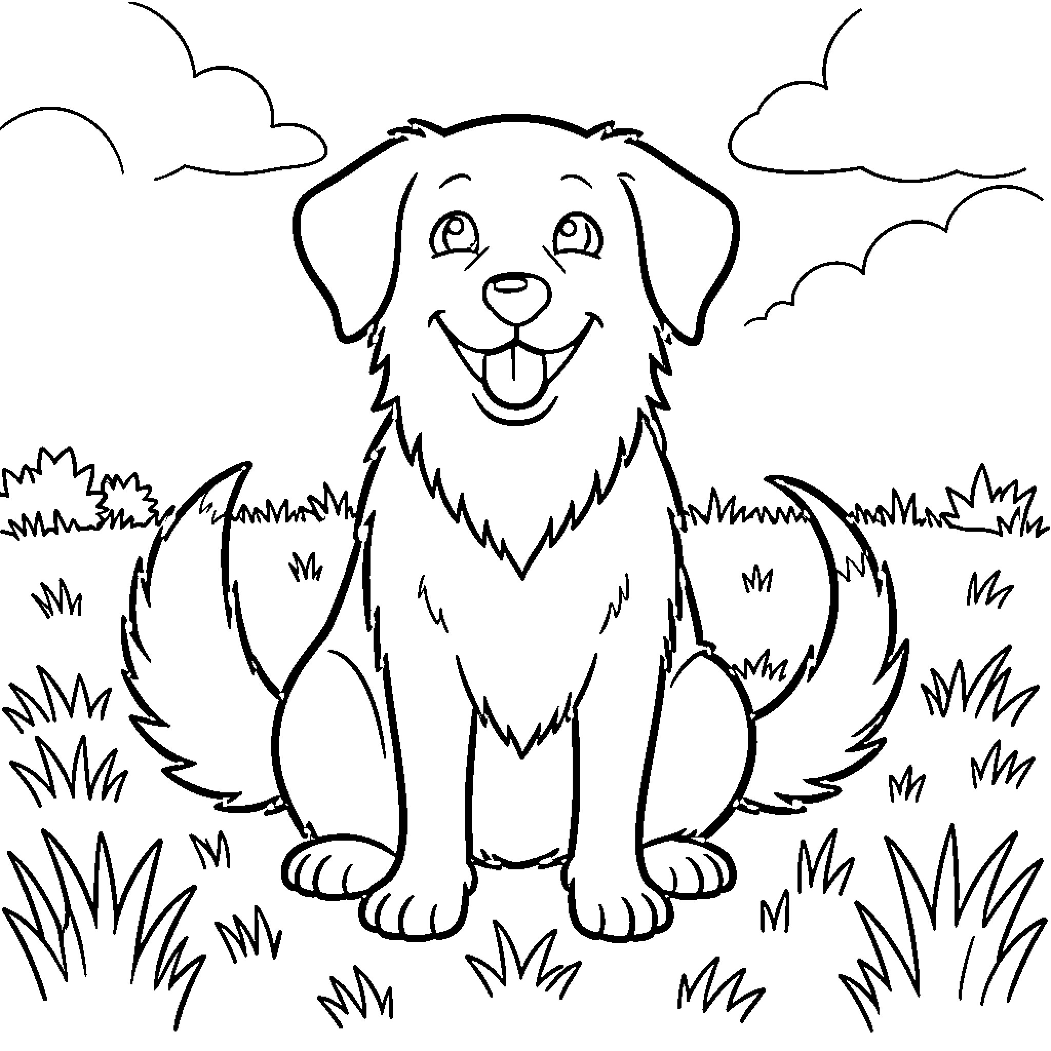 Dog sitting happily in a grassy field Coloring Page (free black-and-white line drawing printable PDF for all, from beginners to advanced learners, including children, teens, adults, and seniors)