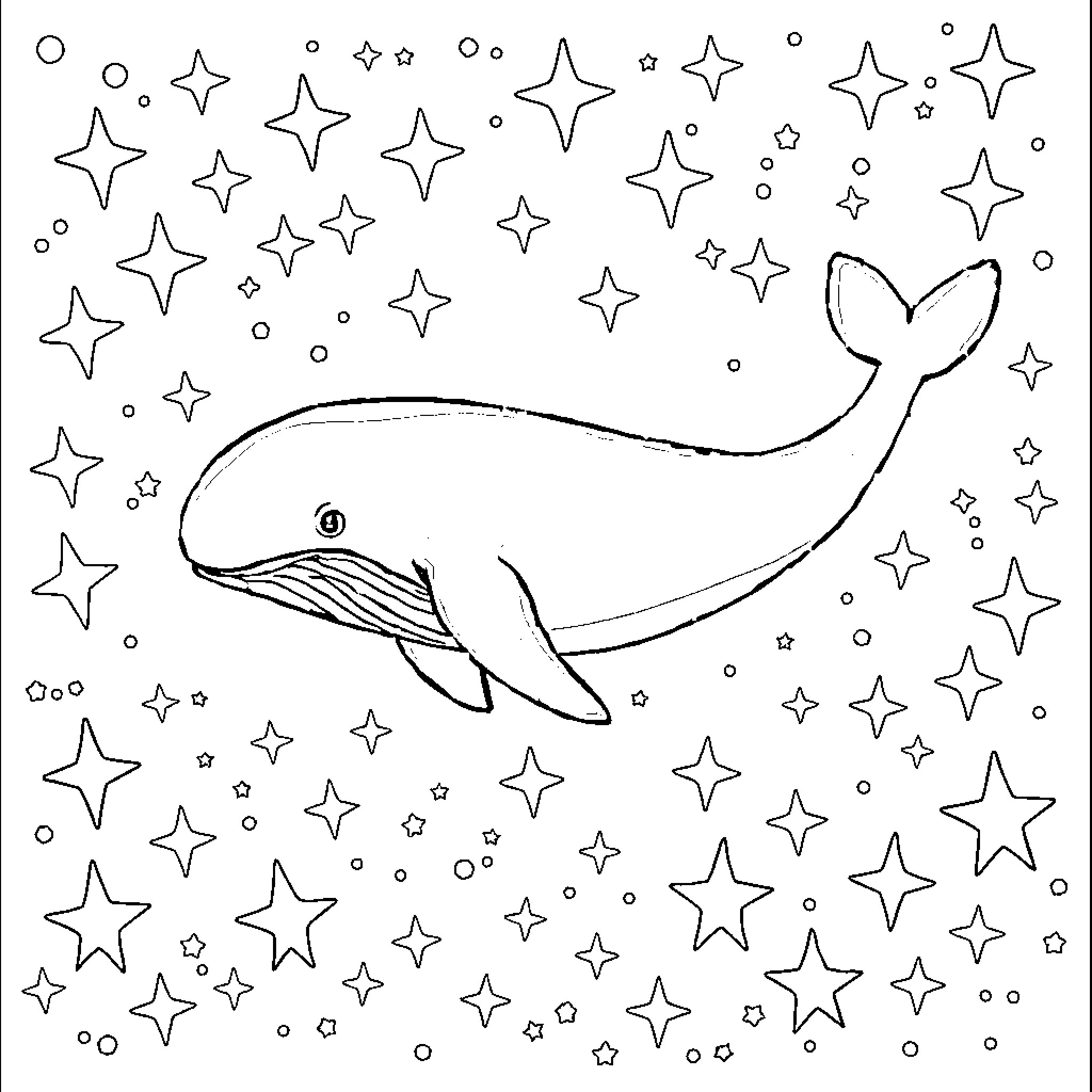 Whale swimming among twinkling stars Coloring Page (free black-and-white line drawing printable PDF for all, from beginners to advanced learners, including children, teens, adults, and seniors)