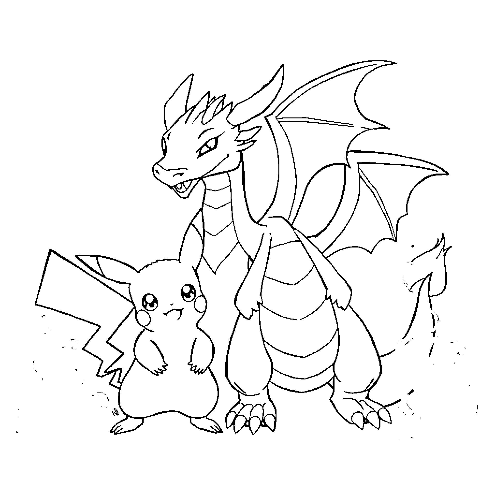 Pikachu and Dragon Playful Encounter Coloring Page (free black-and-white line drawing printable PDF for all, from beginners to advanced learners, including children, teens, adults, and seniors)