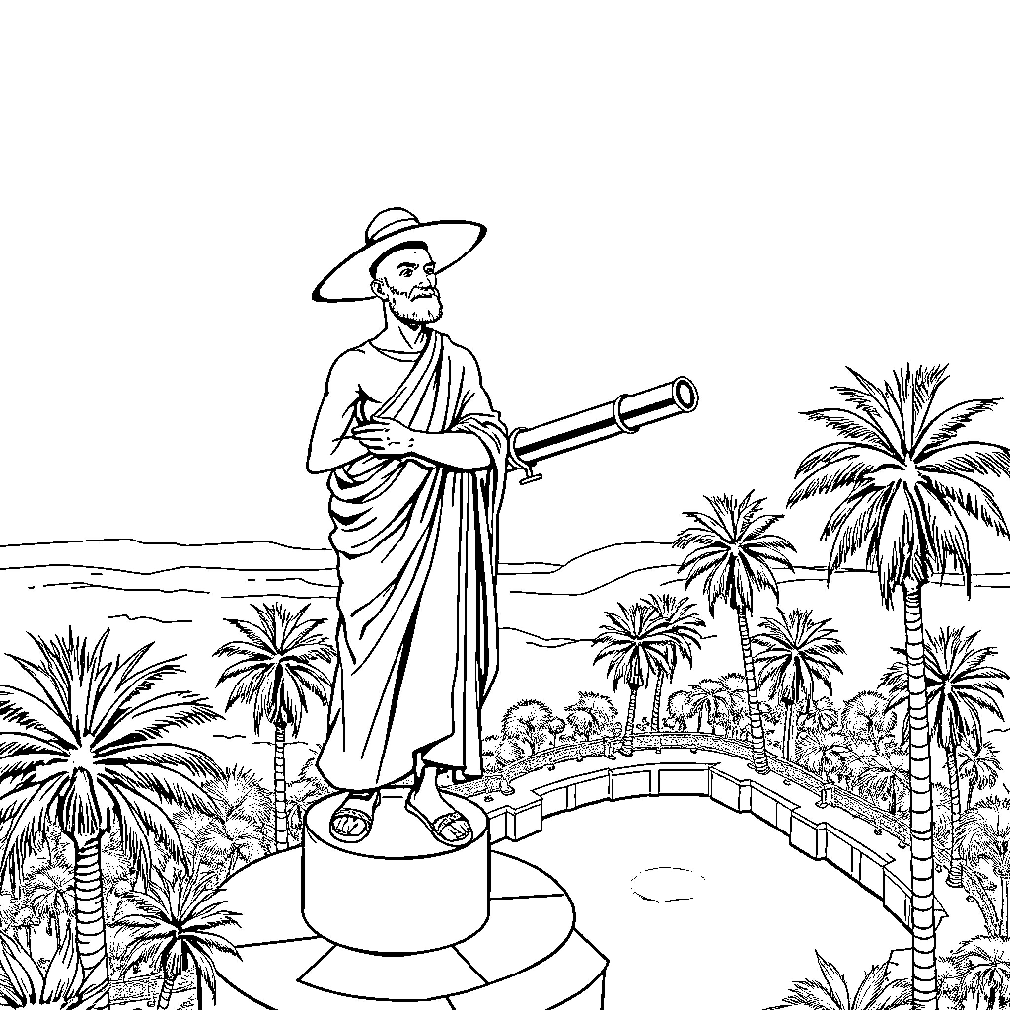 Man in robes observing scenery through telescope Coloring Page (free black-and-white line drawing printable PDF for all, from beginners to advanced learners, including children, teens, adults, and seniors)