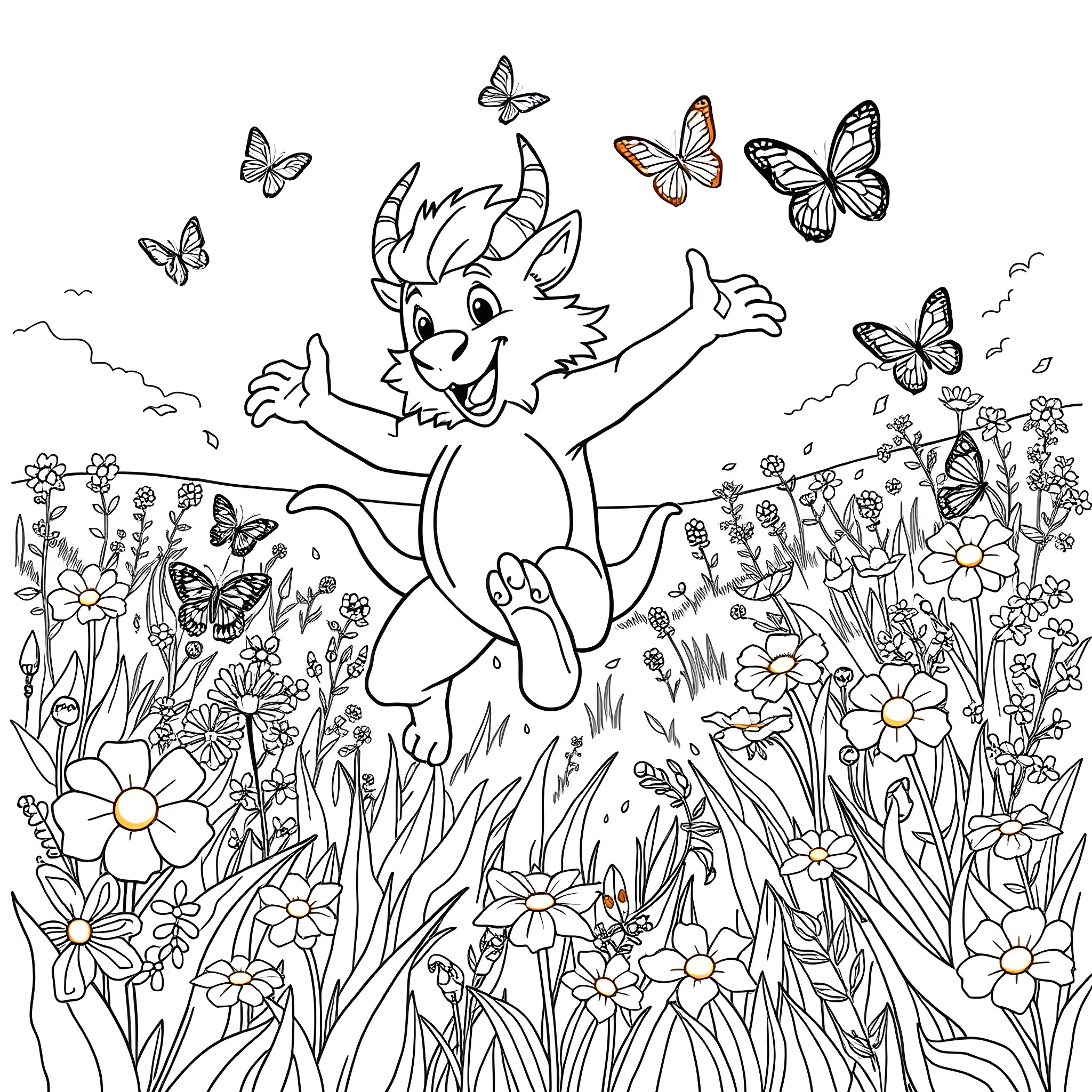 Gnar playing joyfully with butterflies in a floral meadow Coloring Page (free black-and-white line drawing printable PDF for all, from beginners to advanced learners, including children, teens, adults, and seniors)