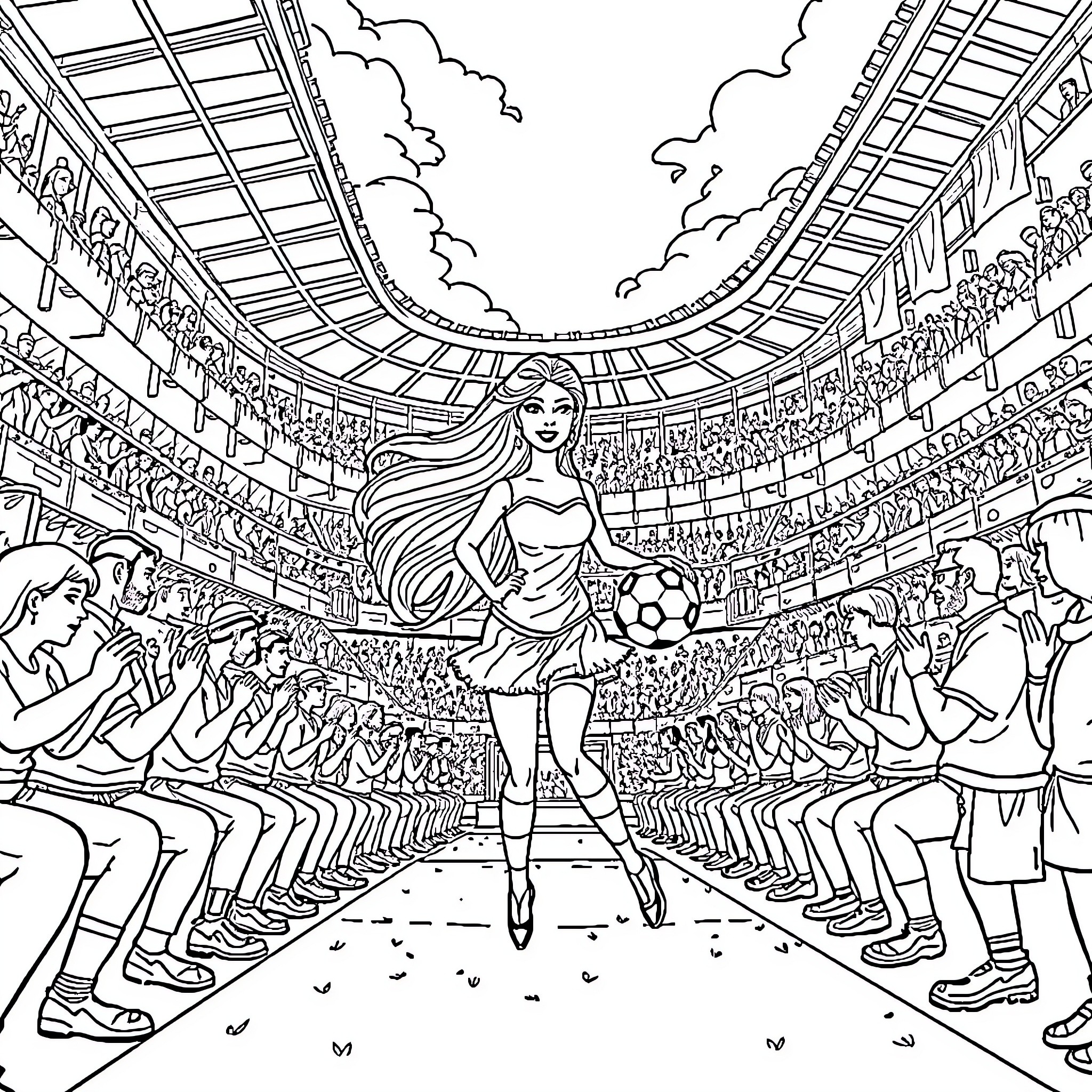 Barbie's Soccer Celebration in the Stadium Coloring Page (free black-and-white line drawing printable PDF for all, from beginners to advanced learners, including children, teens, adults, and seniors)