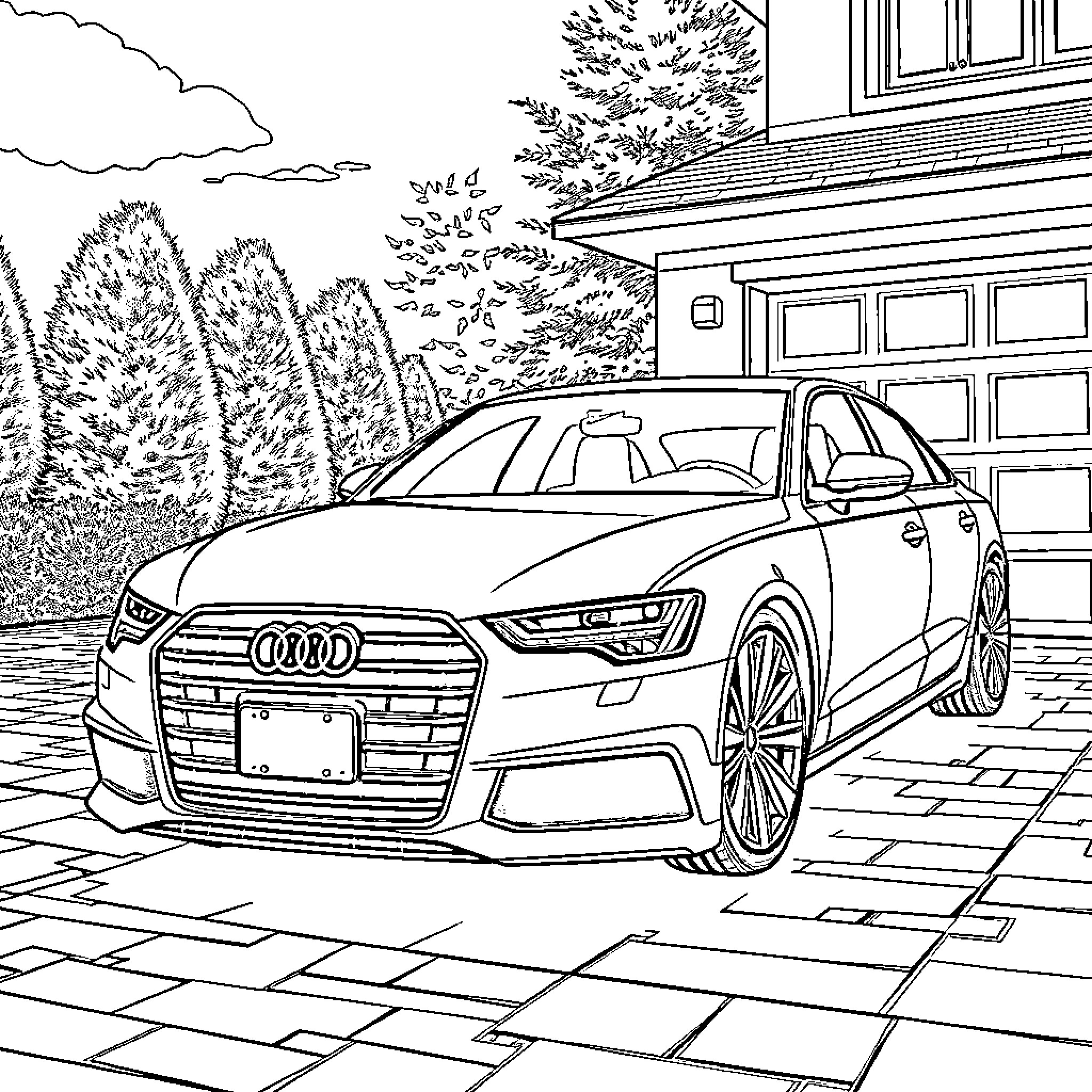 Audi A6 parked in front of a residential house Coloring Page (free black-and-white line drawing printable PDF for all, from beginners to advanced learners, including children, teens, adults, and seniors)