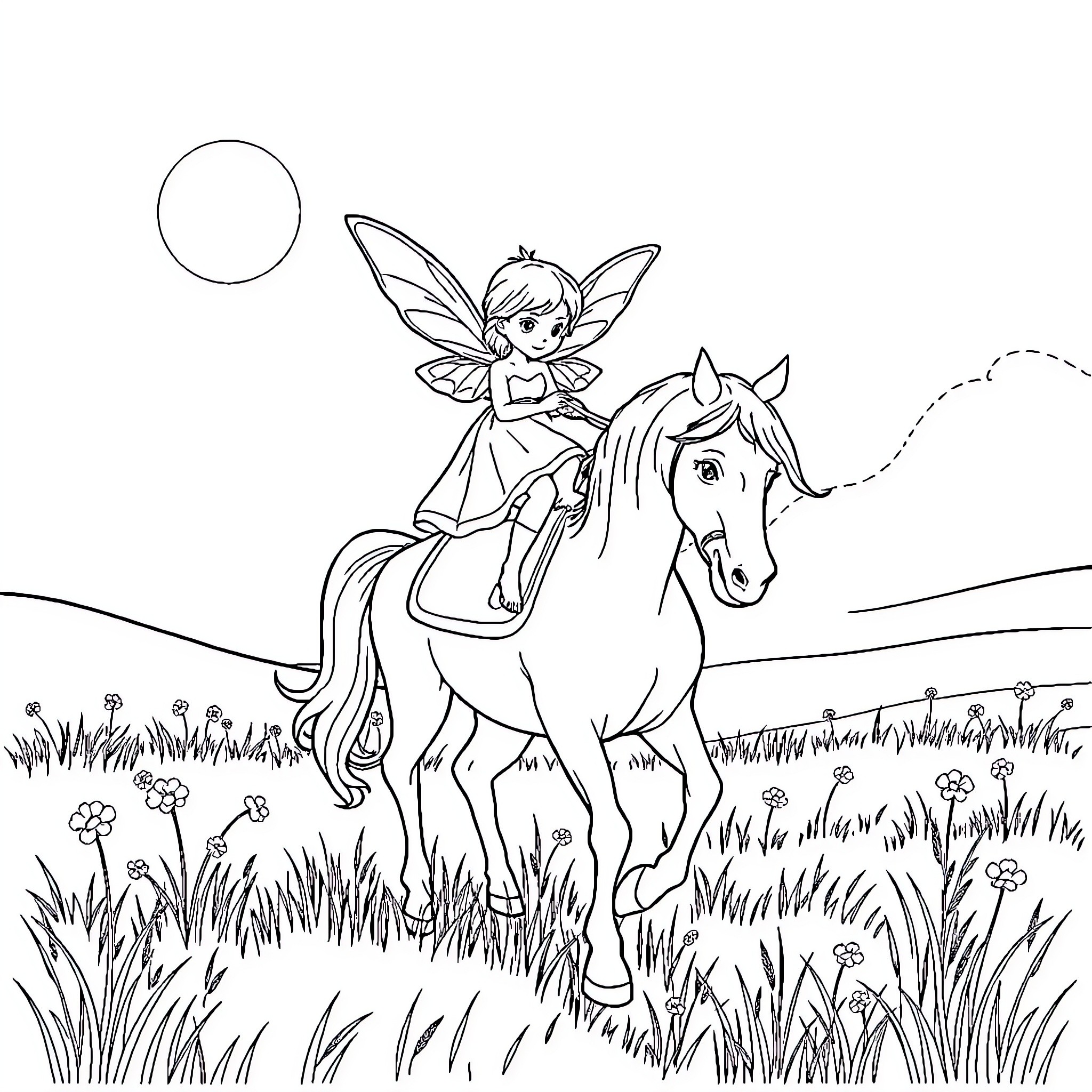 Fairy riding a horse through a meadow Coloring Page (free black-and-white line drawing printable PDF for all, from beginners to advanced learners, including children, teens, adults, and seniors)