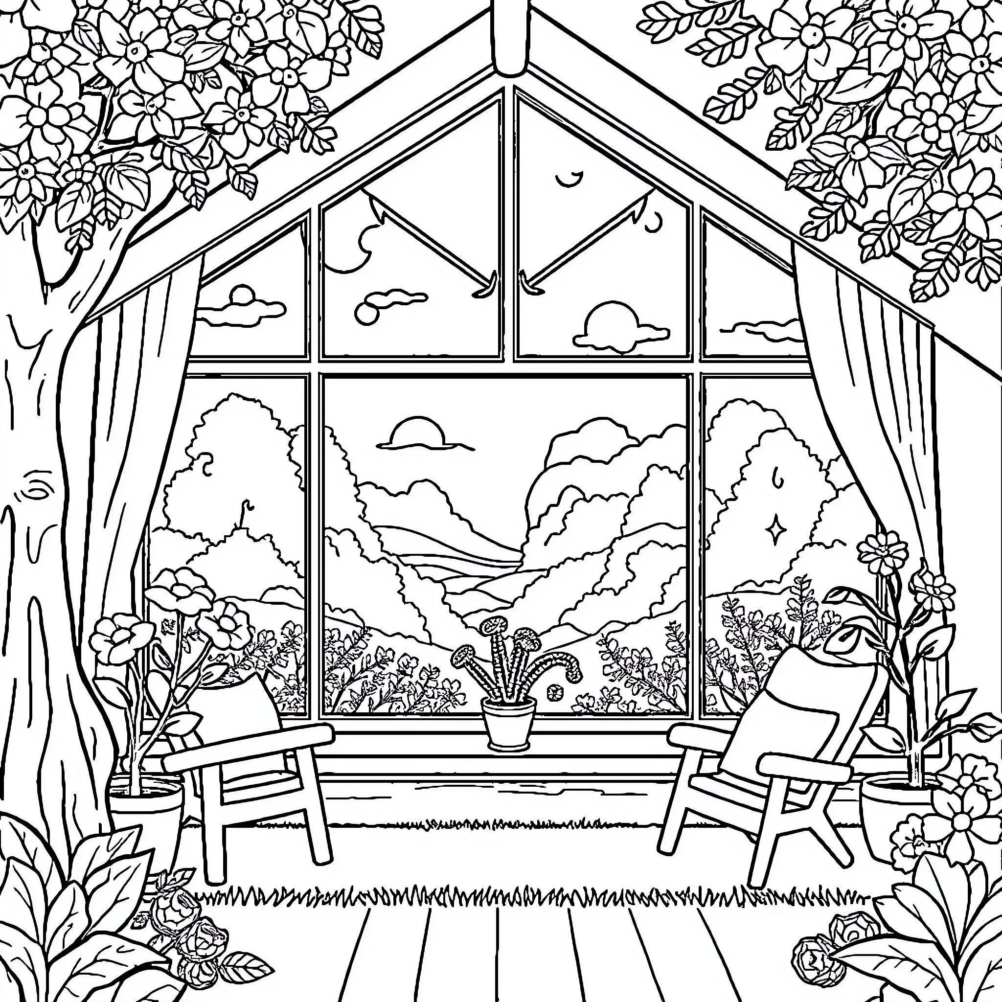 Home Filled with Serene Outdoor Views Coloring Page (free black-and-white line drawing printable PDF for all, from beginners to advanced learners, including children, teens, adults, and seniors)