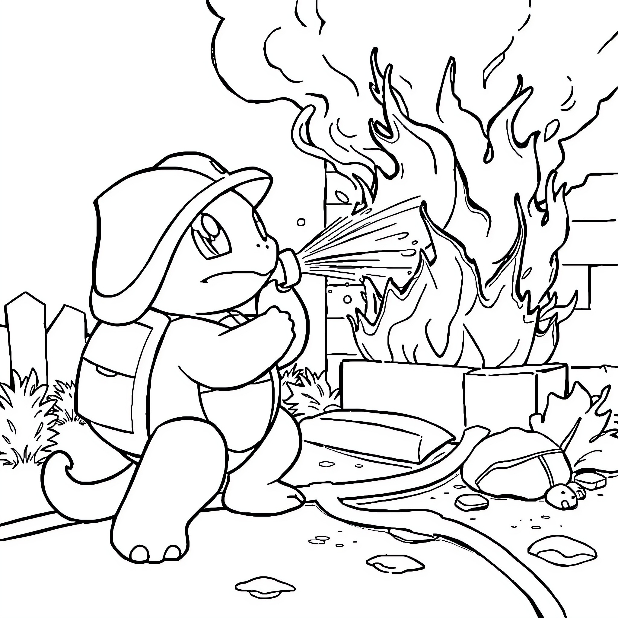 Squirtle Warming Himself by the Campfire Coloring Page (free black-and-white line drawing printable PDF for all, from beginners to advanced learners, including children, teens, adults, and seniors)