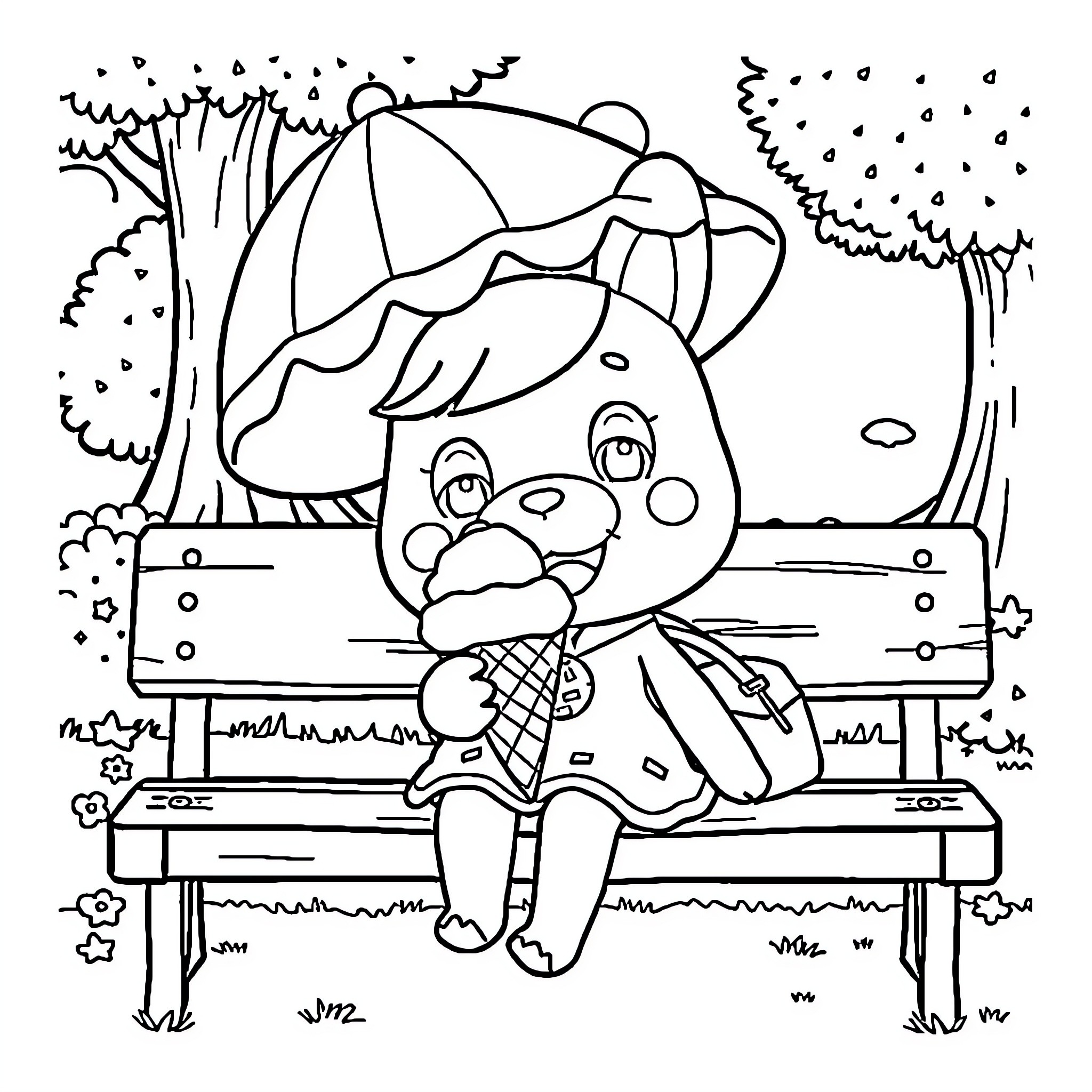 Gayle enjoying ice cream on a bench Coloring Page (free black-and-white line drawing printable PDF for all, from beginners to advanced learners, including children, teens, adults, and seniors)