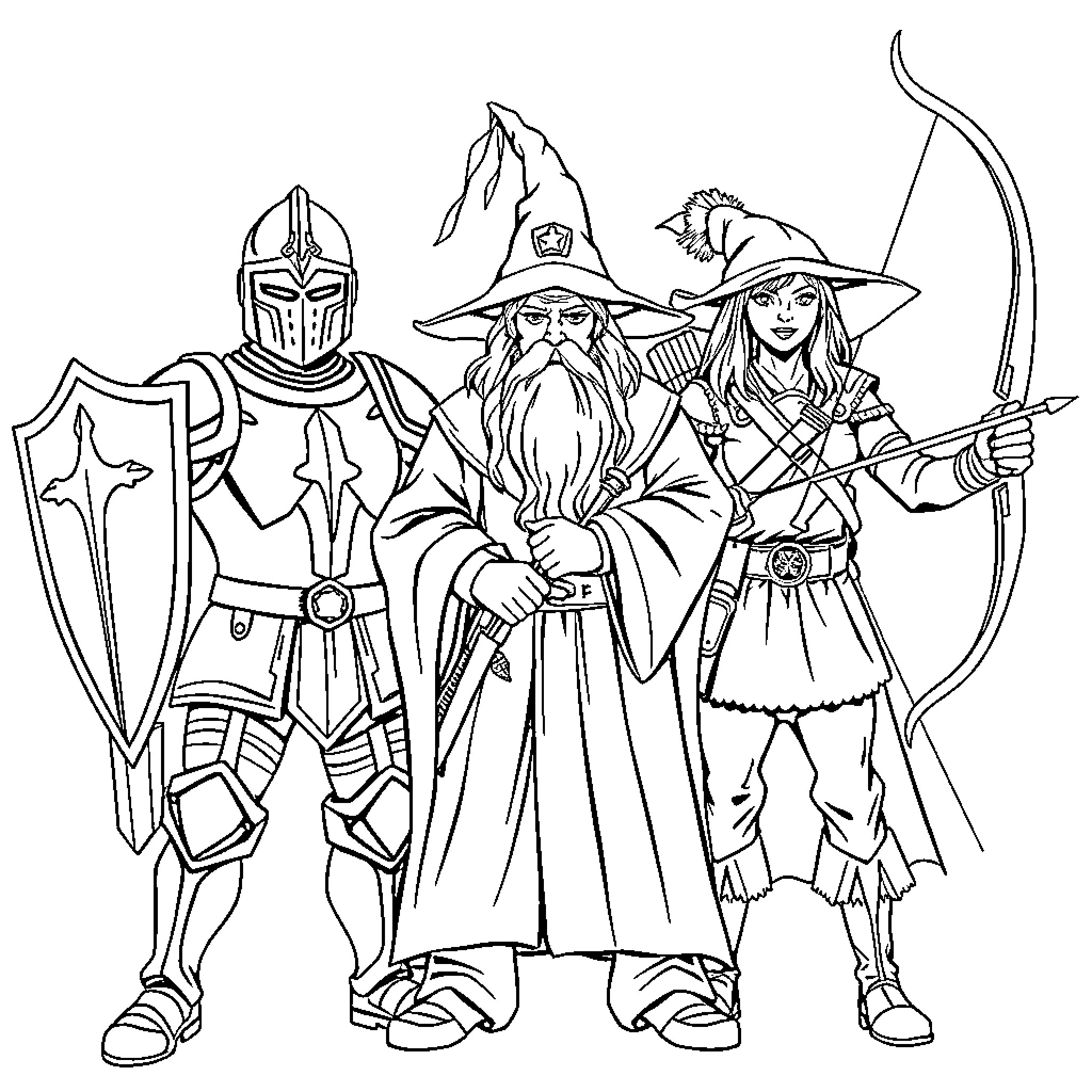 Knight, Wizard, and Archer in Fantasy Attire Coloring Page (free black-and-white line drawing printable PDF for all, from beginners to advanced learners, including children, teens, adults, and seniors)