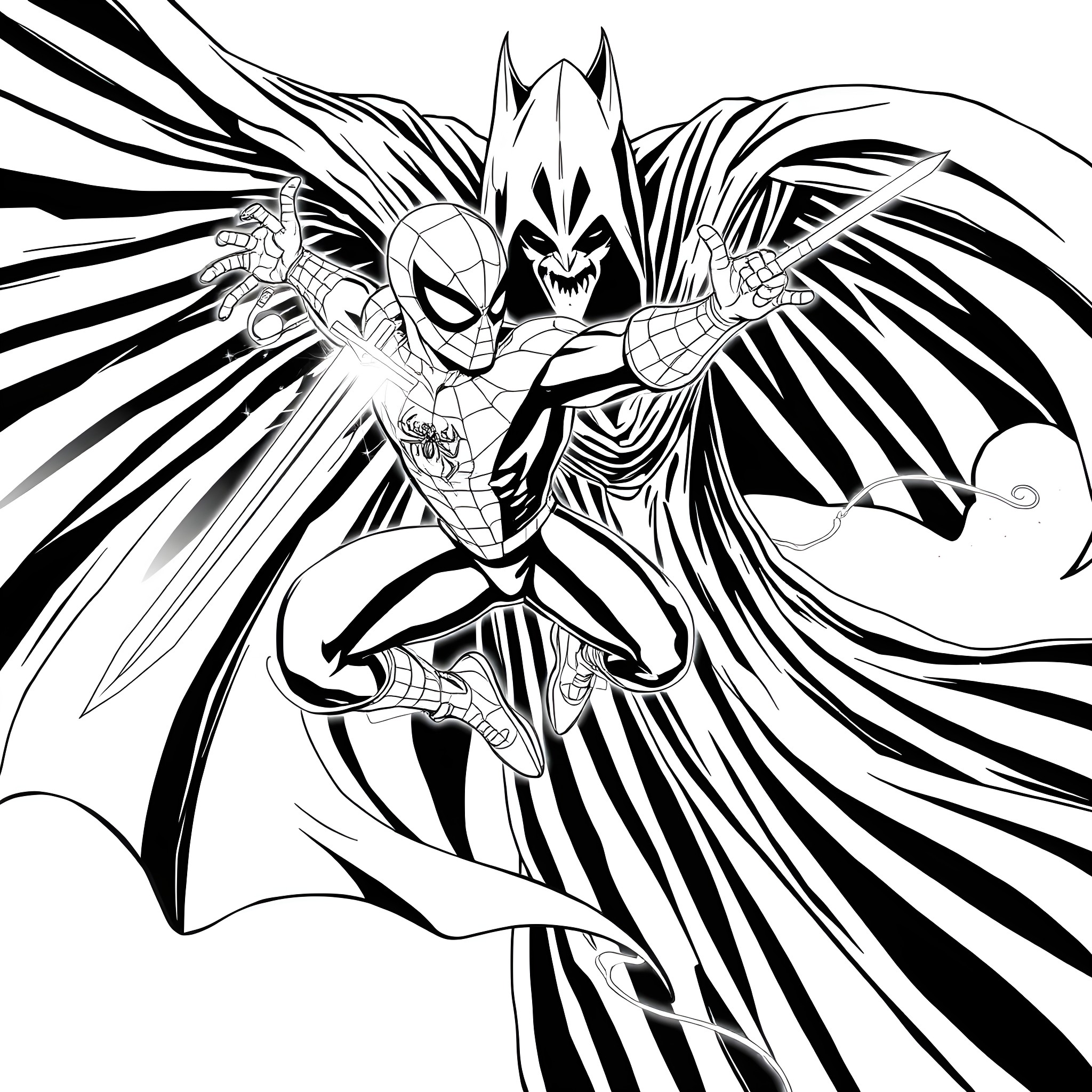 Spider-Man confronting a menacing foe Coloring Page (free black-and-white line drawing printable PDF for all, from beginners to advanced learners, including children, teens, adults, and seniors)