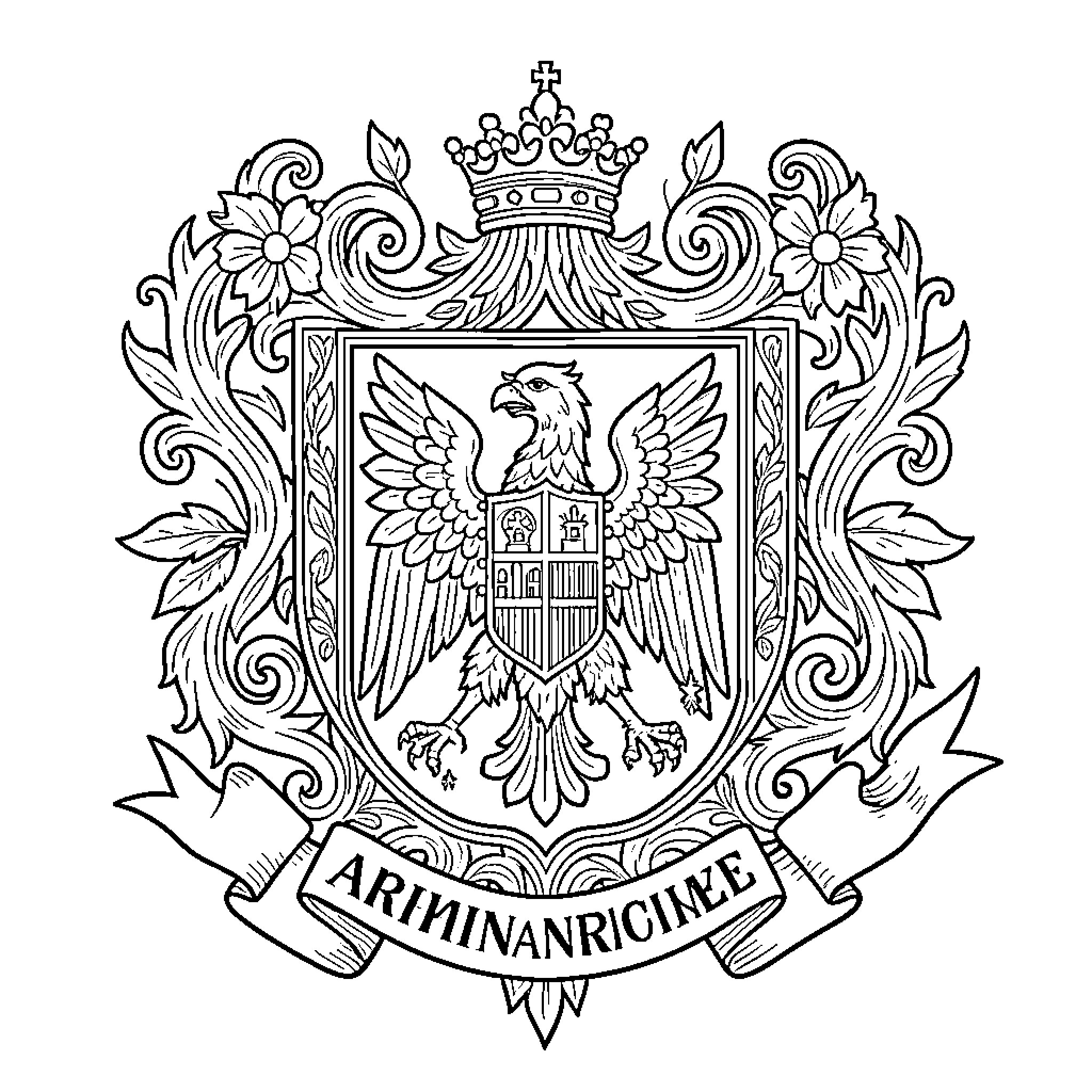 Armenian Coat of Arms featuring an eagle and crown Coloring Page (free black-and-white line drawing printable PDF for all, from beginners to advanced learners, including children, teens, adults, and seniors)