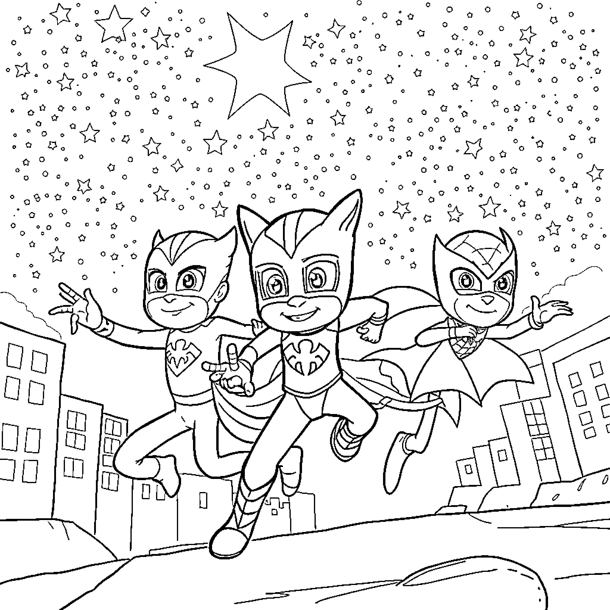 Pj Masks Characters Soaring through the Starry Night Coloring Page (free black-and-white line drawing printable PDF for all, from beginners to advanced learners, including children, teens, adults, and seniors)