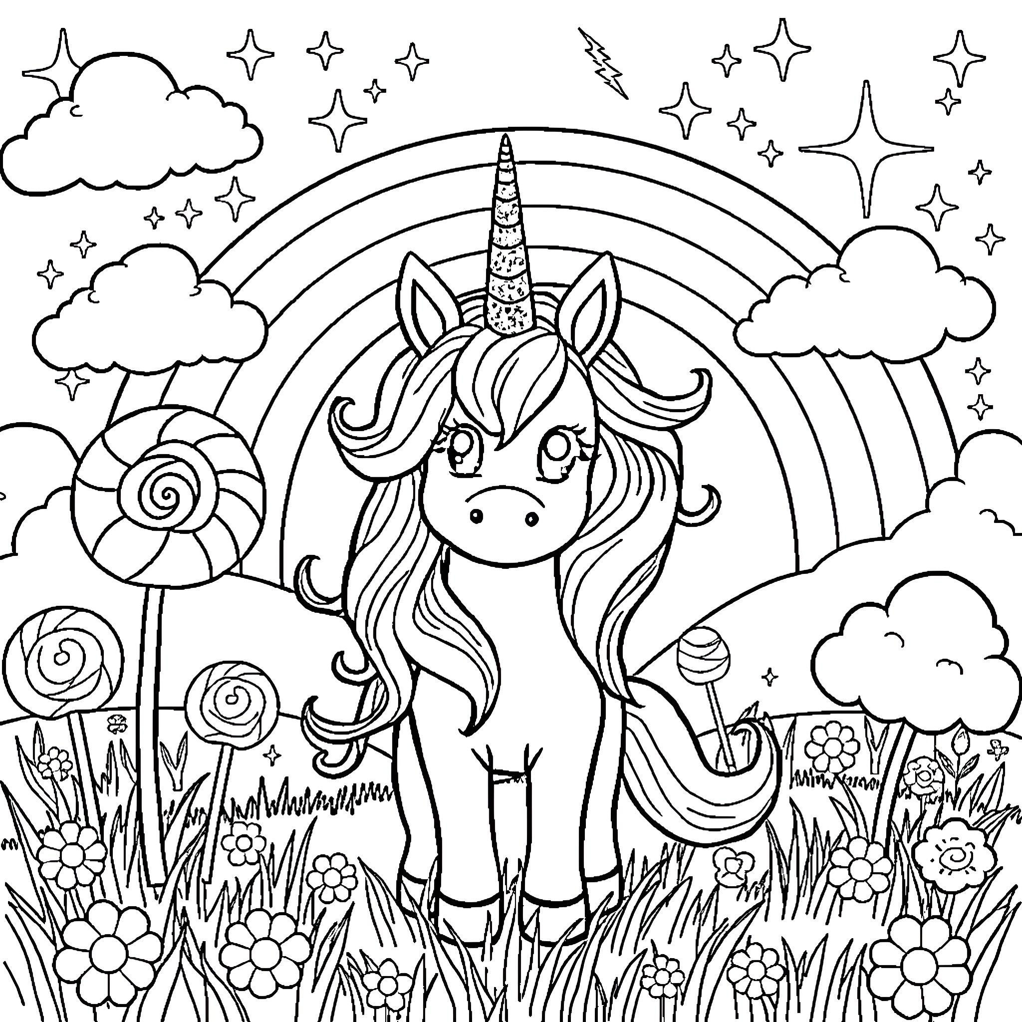 Unicorn frolicking in a magical garden Coloring Page (free black-and-white line drawing printable PDF for all, from beginners to advanced learners, including children, teens, adults, and seniors)