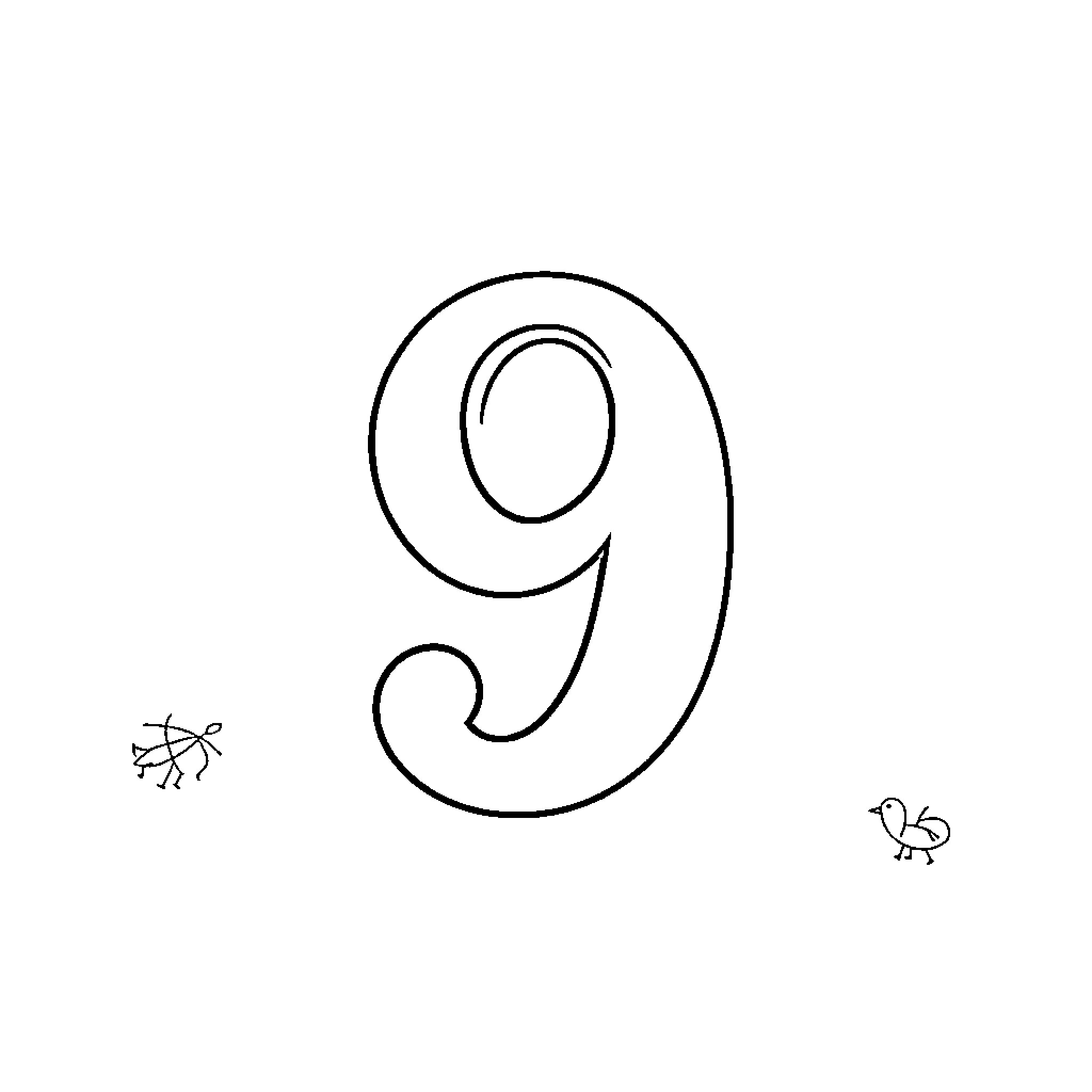 Number 9: Simple line drawings of a butterfly and ladybug Coloring Page (free black-and-white line drawing printable PDF for all, from beginners to advanced learners, including children, teens, adults, and seniors)