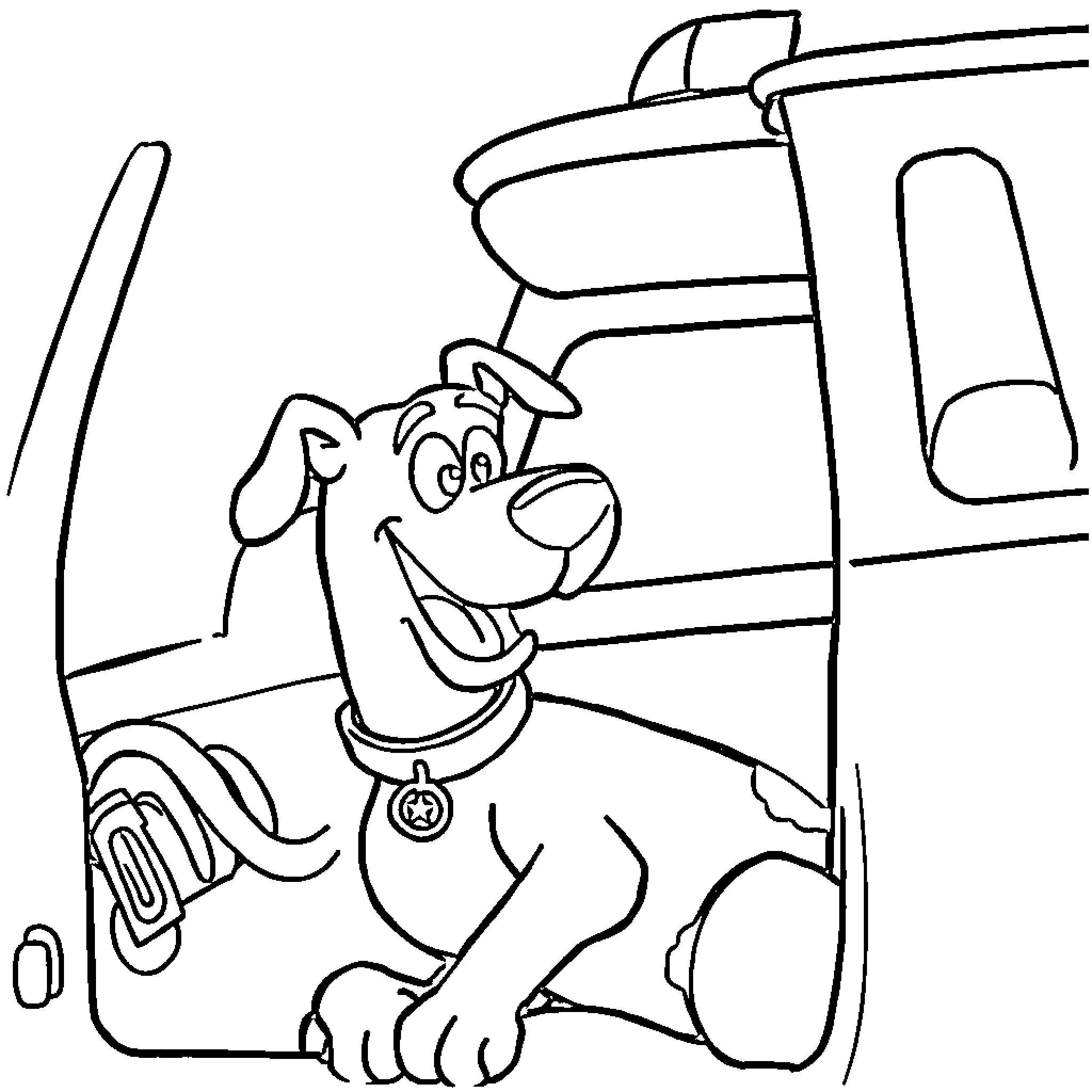 Scooby Doo exploring in the Mystery Machine Coloring Page (free black-and-white line drawing printable PDF for all, from beginners to advanced learners, including children, teens, adults, and seniors)