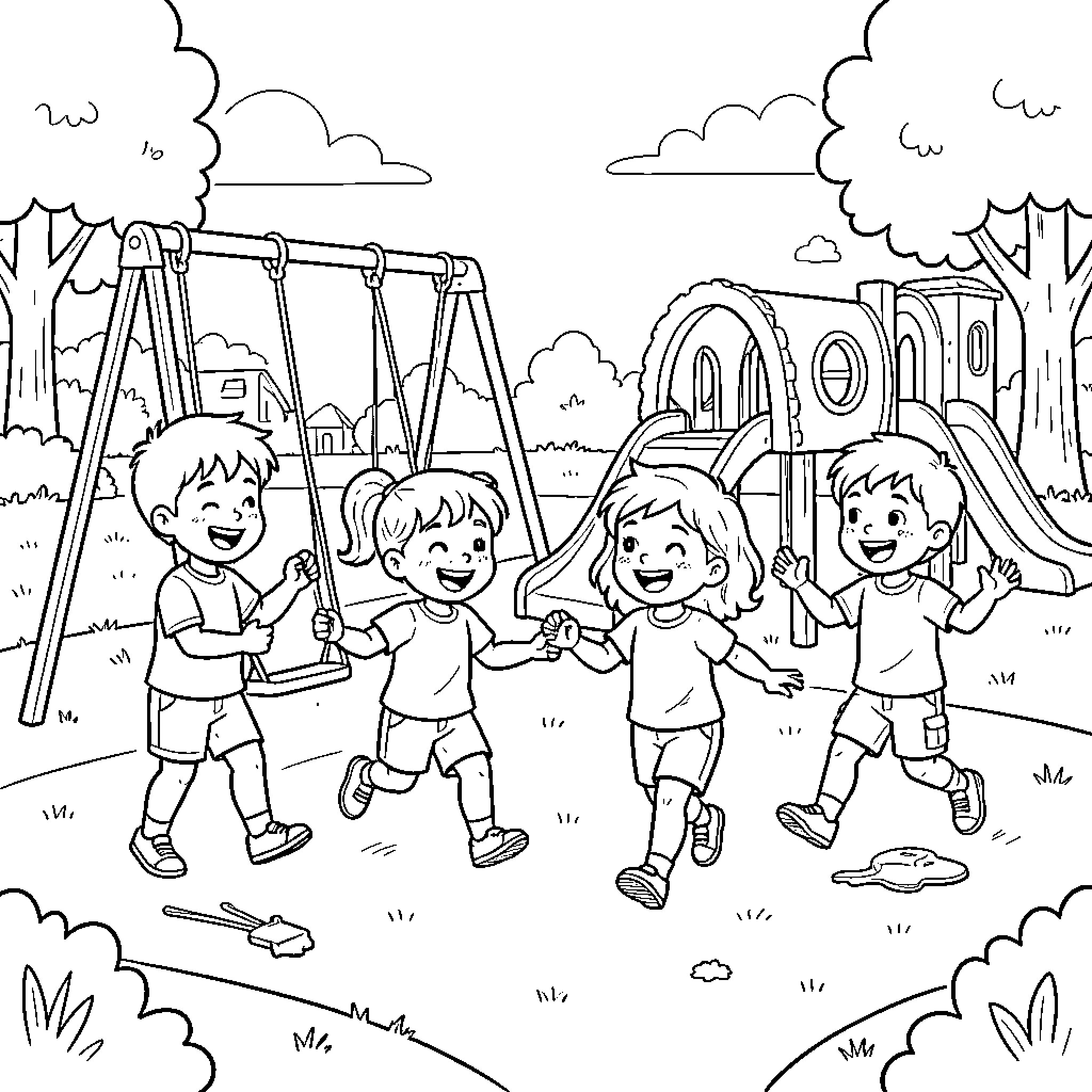 Kid friends having fun at the playground Coloring Page (free black-and-white line drawing printable PDF for all, from beginners to advanced learners, including children, teens, adults, and seniors)