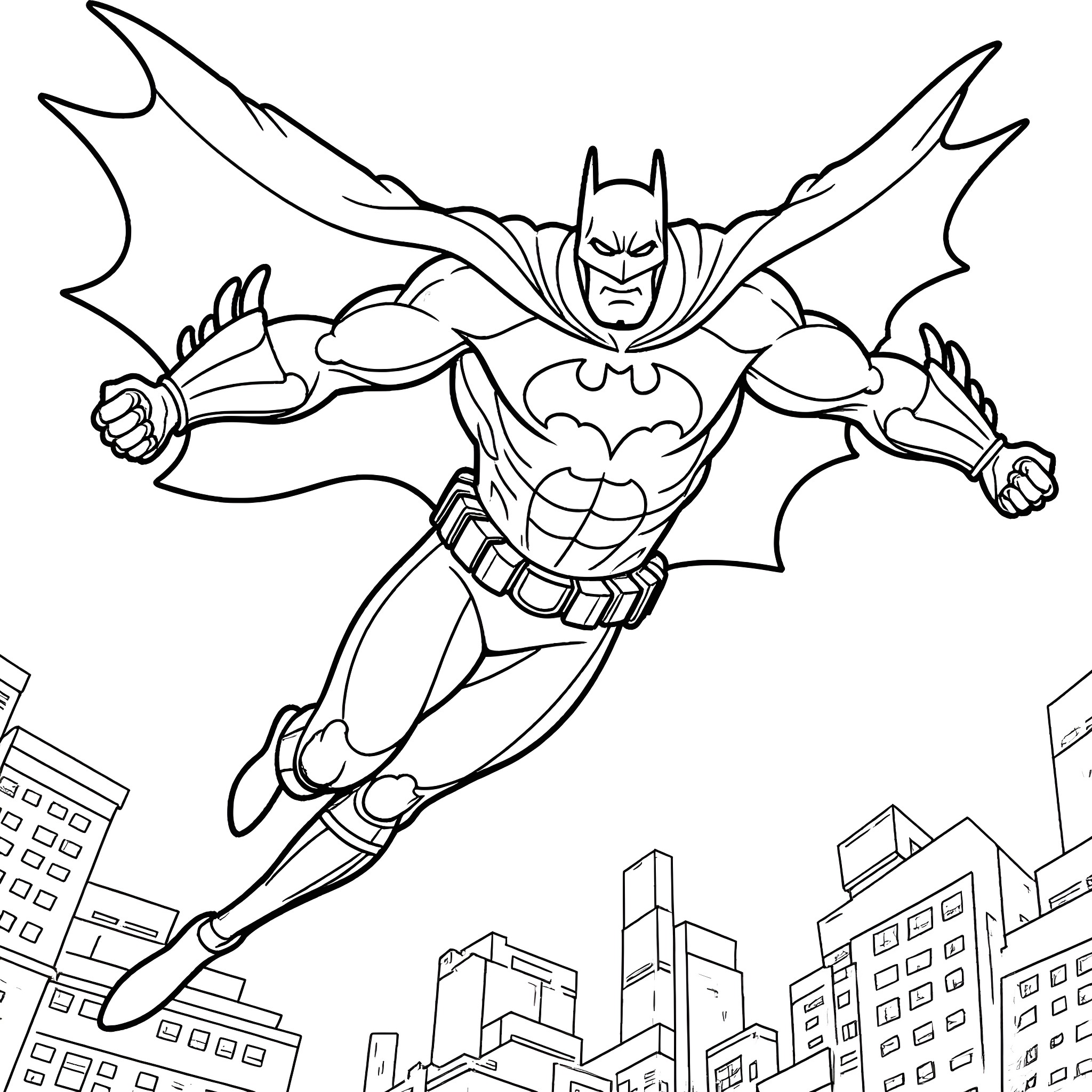 Batman flying over the city skyline Coloring Page (free black-and-white line drawing printable PDF for all, from beginners to advanced learners, including children, teens, adults, and seniors)