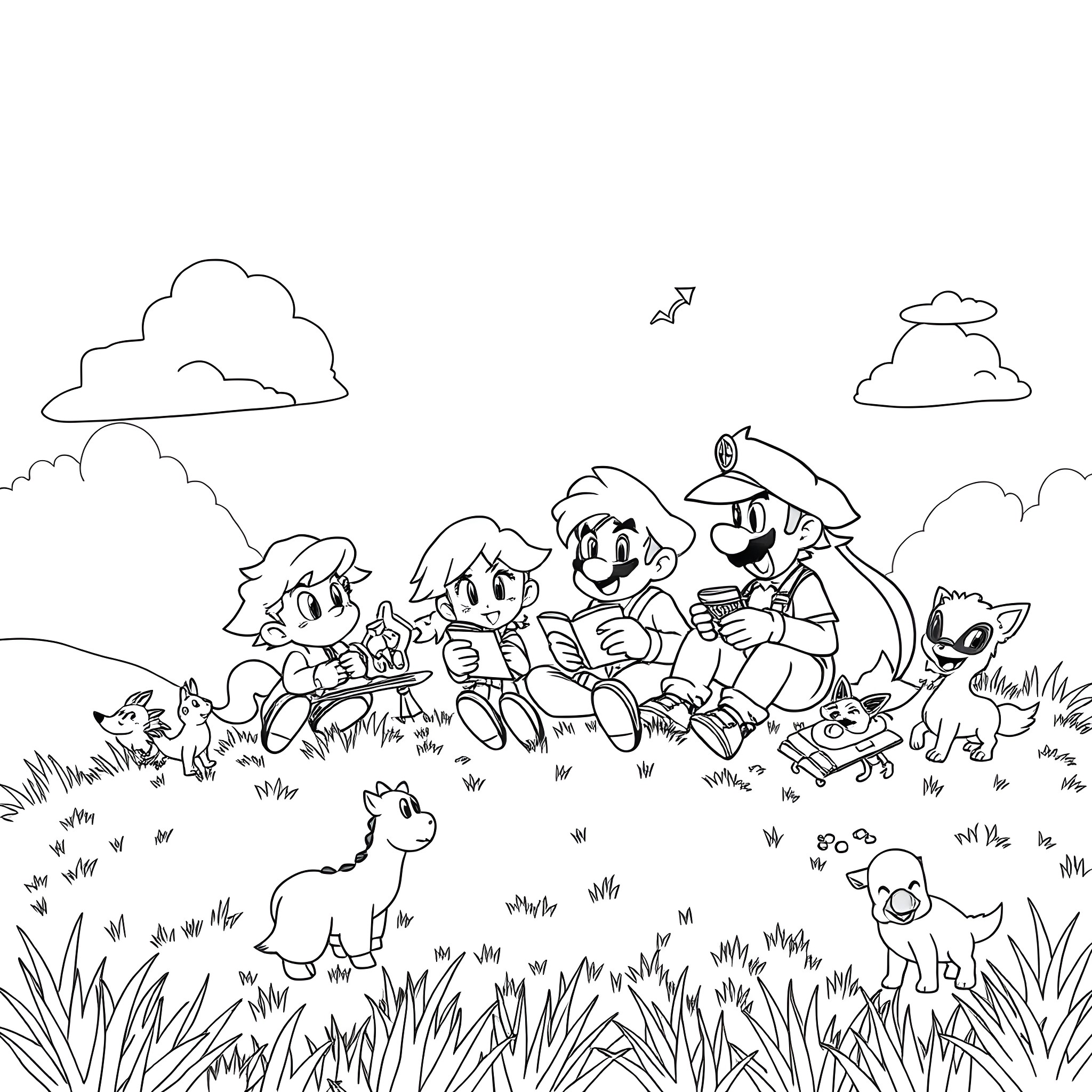 Smash Bros Characters in a Whimsical Outdoor Scene Coloring Page (free black-and-white line drawing printable PDF for all, from beginners to advanced learners, including children, teens, adults, and seniors)