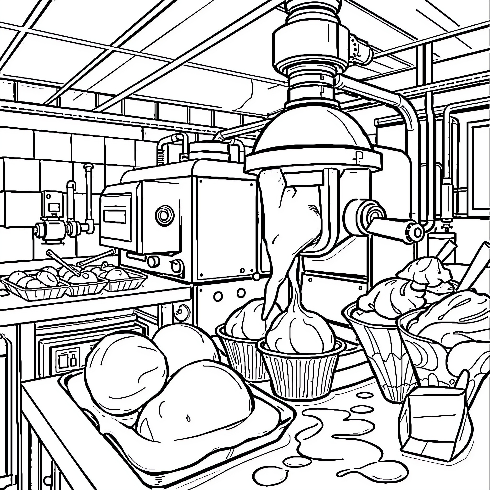 Ice Cream Sundae Making in a Busy Kitchen Coloring Page (free black-and-white line drawing printable PDF for all, from beginners to advanced learners, including children, teens, adults, and seniors)