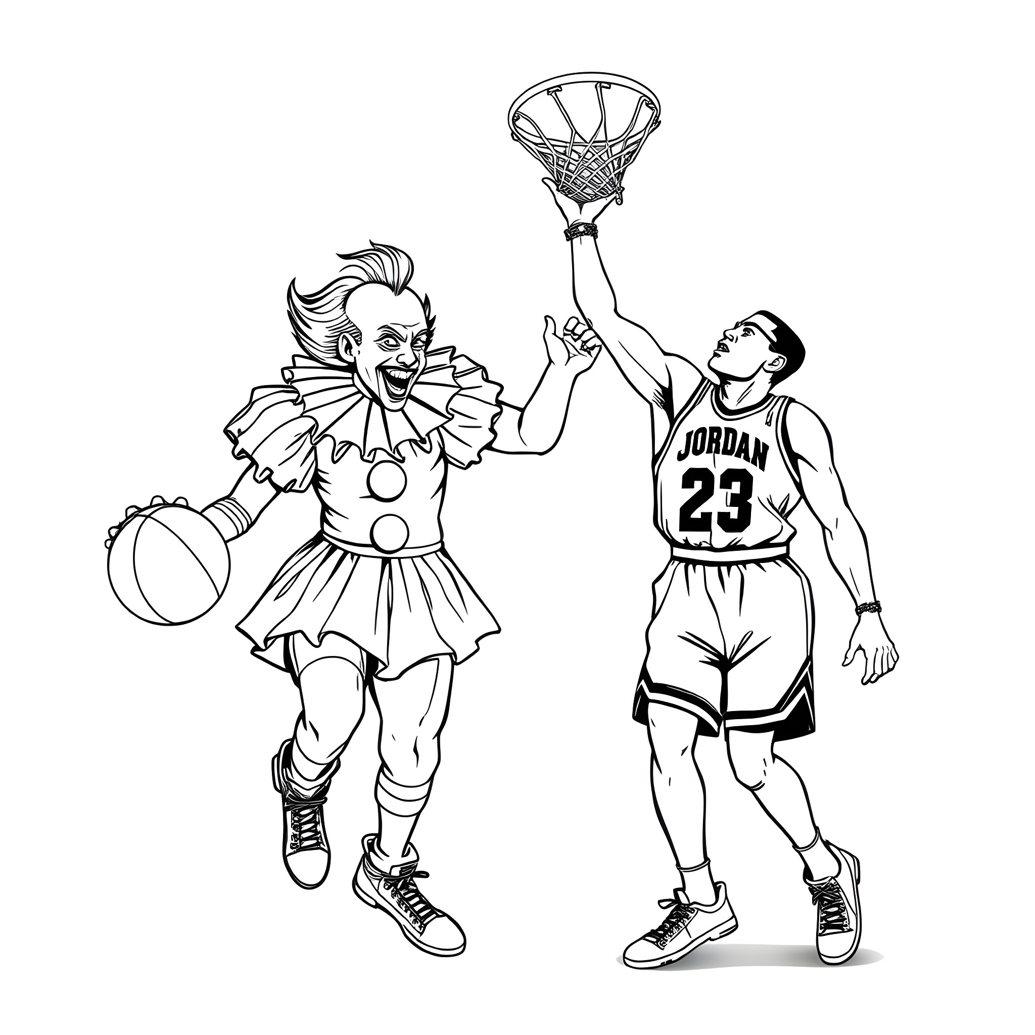 Pennywise plays basketball against NBA star Coloring Page (free black-and-white line drawing printable PDF for all, from beginners to advanced learners, including children, teens, adults, and seniors)