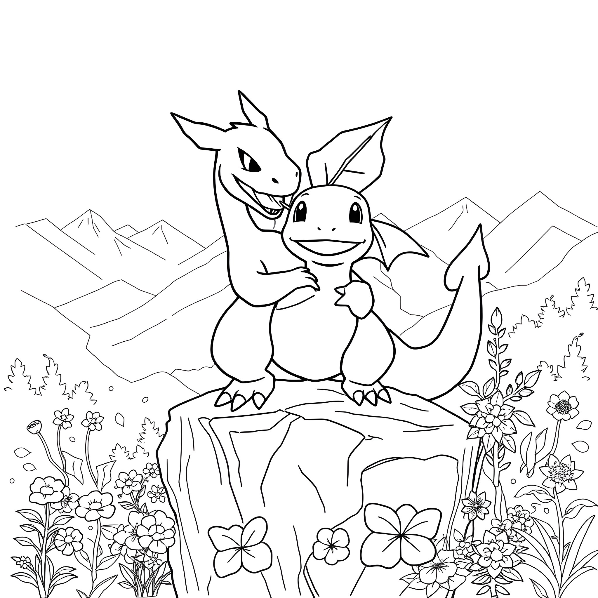 Charizard and Charmander exploring the flowery mountains Coloring Page (free black-and-white line drawing printable PDF for all, from beginners to advanced learners, including children, teens, adults, and seniors)