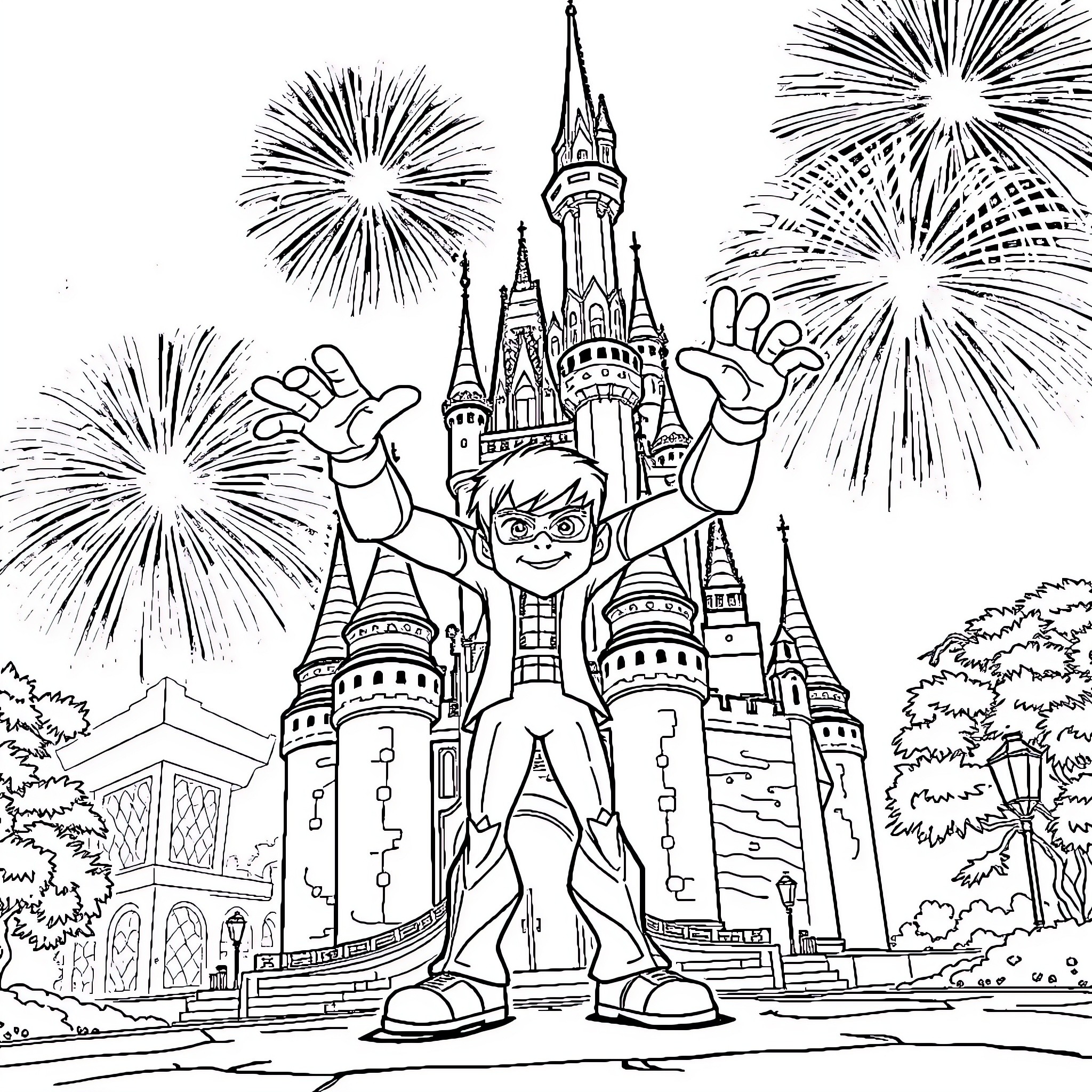 Ben 10 celebrates with fireworks at magical castle Coloring Page (free black-and-white line drawing printable PDF for all, from beginners to advanced learners, including children, teens, adults, and seniors)