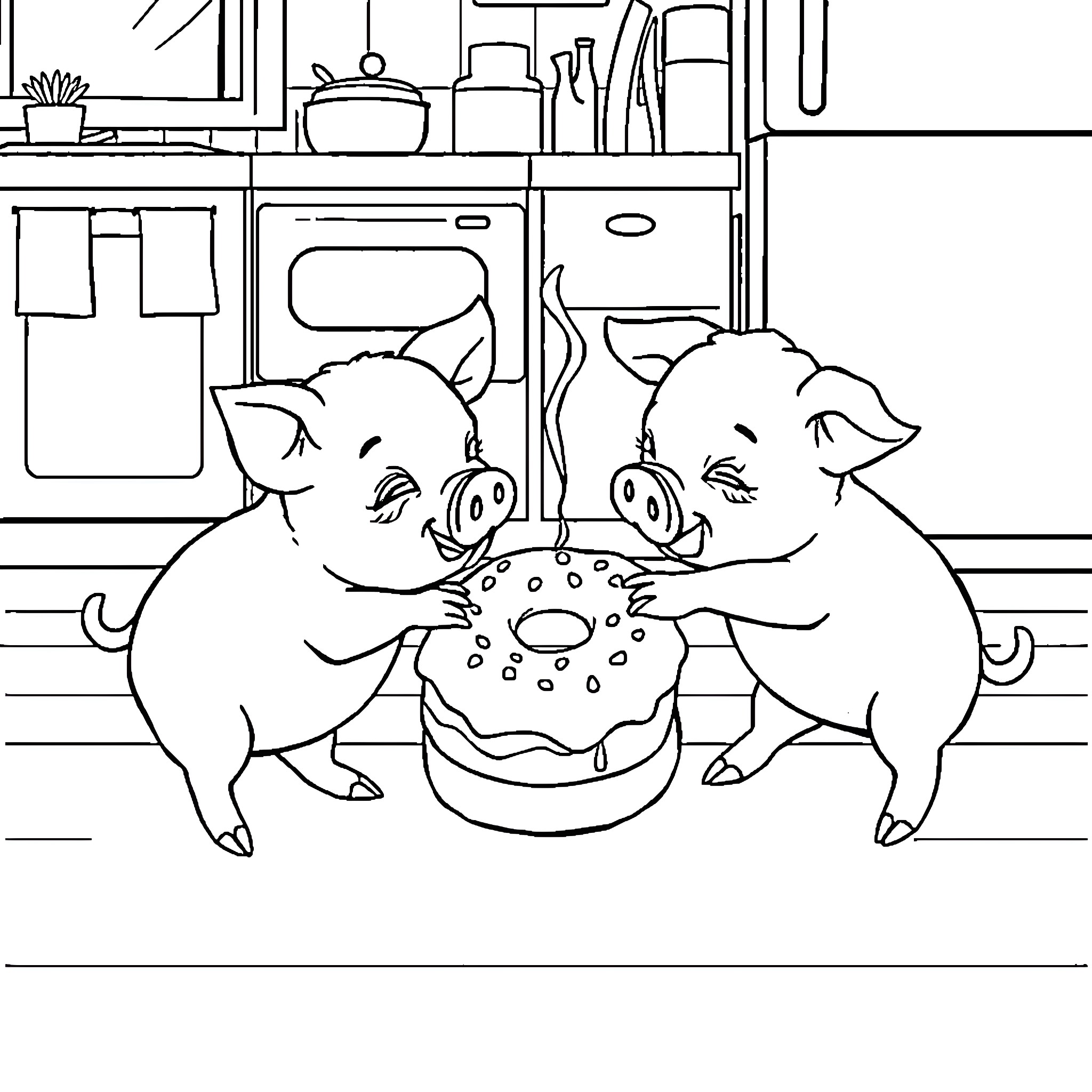 Pigs sharing a cake in the kitchen Coloring Page (free black-and-white line drawing printable PDF for all, from beginners to advanced learners, including children, teens, adults, and seniors)