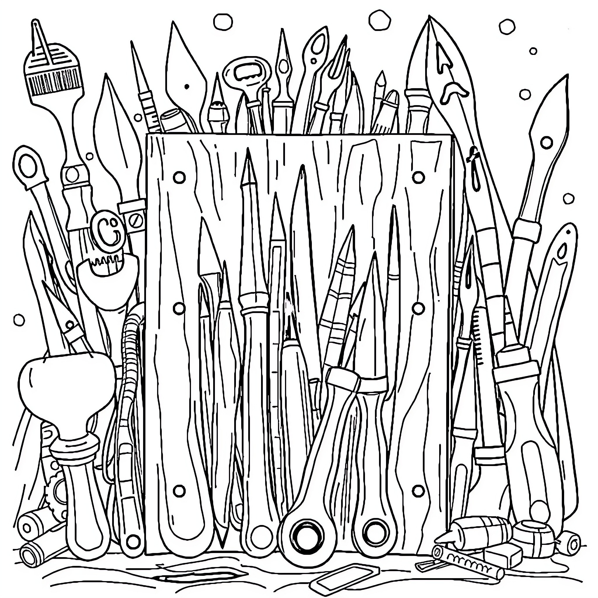 Carpintero's Toolbox Overflowing with Instruments Coloring Page (free black-and-white line drawing printable PDF for all, from beginners to advanced learners, including children, teens, adults, and seniors)