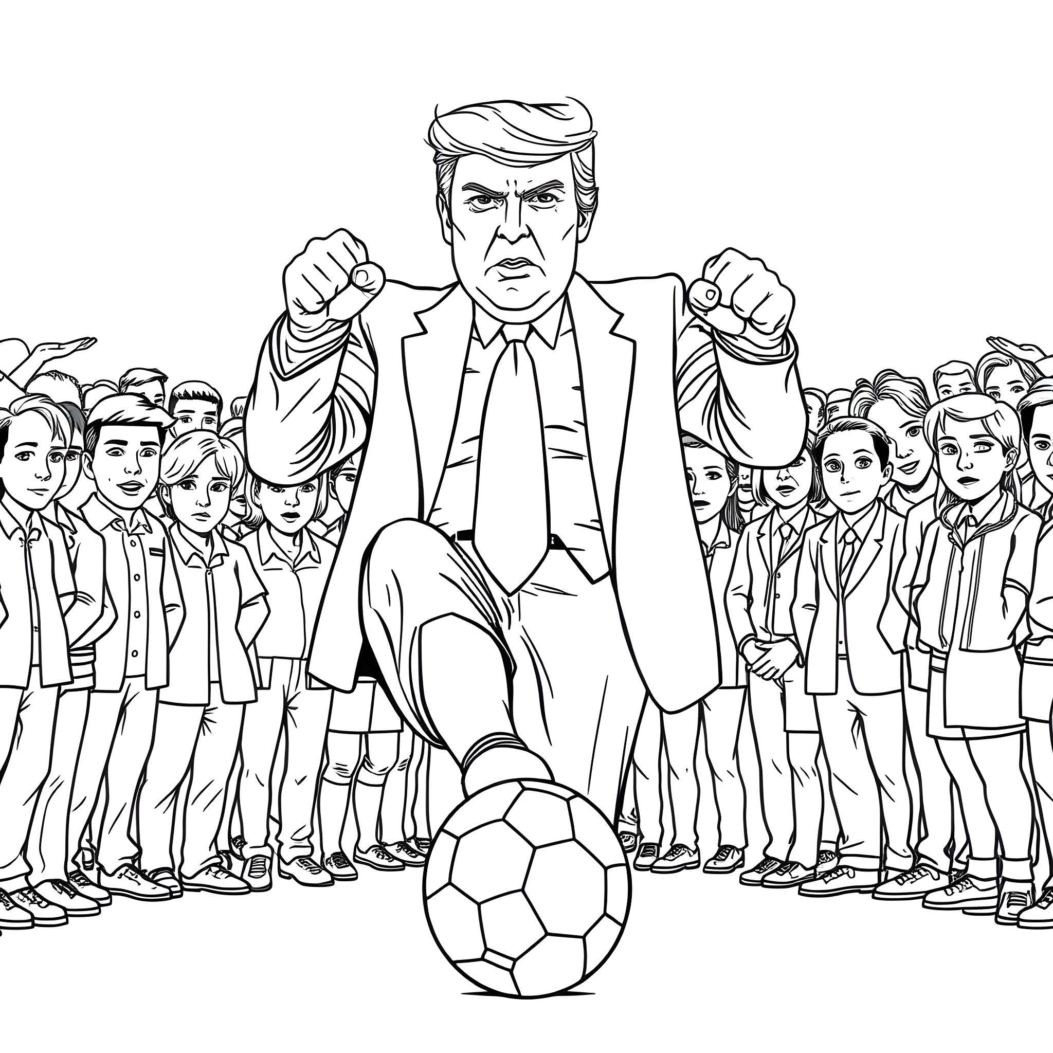 Donald Trump rallying his supporters with a soccer ball Coloring Page (free black-and-white line drawing printable PDF for all, from beginners to advanced learners, including children, teens, adults, and seniors)