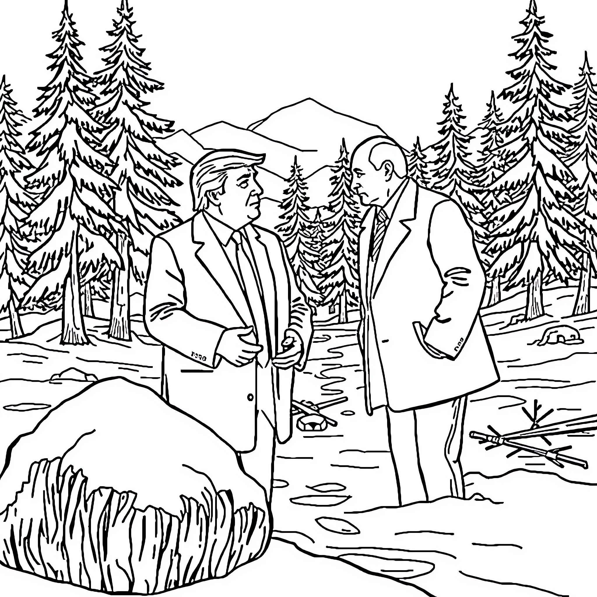 Trump Discussing Politics in Snowy Forest Landscape Coloring Page (free black-and-white line drawing printable PDF for all, from beginners to advanced learners, including children, teens, adults, and seniors)