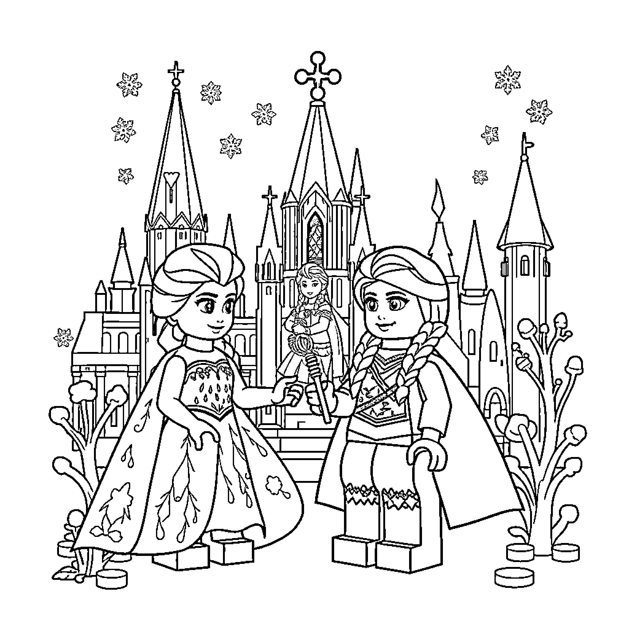 Lego characters in a medieval castle scene Coloring Page (free black-and-white line drawing printable PDF for all, from beginners to advanced learners, including children, teens, adults, and seniors)