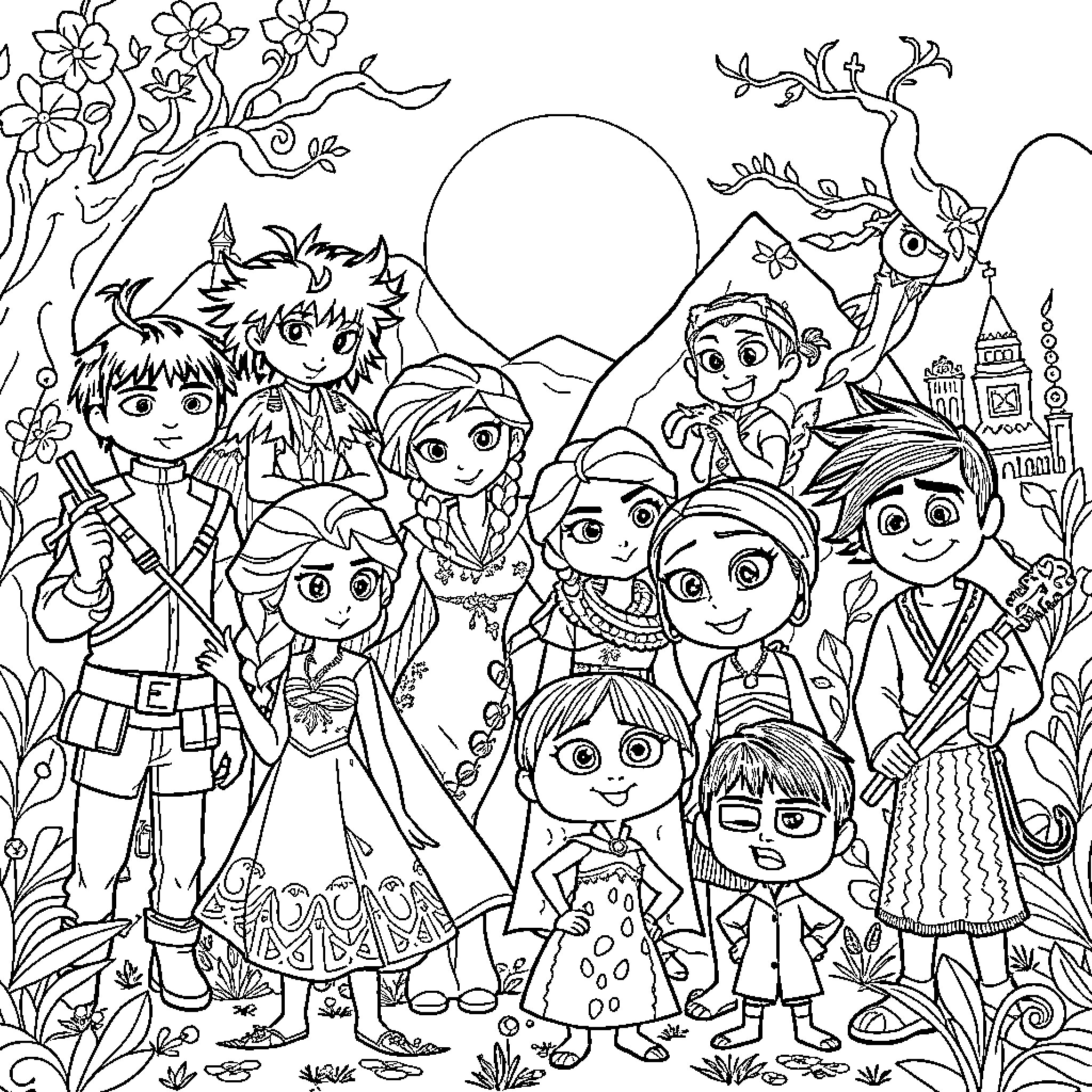 Character group portrait in fantasy setting Coloring Page (free black-and-white line drawing printable PDF for all, from beginners to advanced learners, including children, teens, adults, and seniors)
